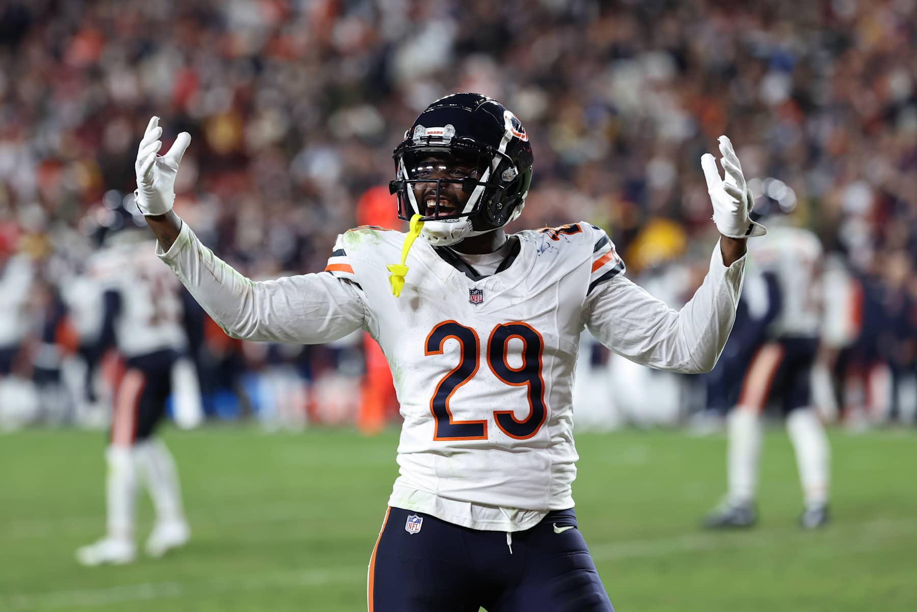LANDOVER, MARYLAND - OCTOBER 27: Tyrique Stevenson #29 of the Chicago Bears reacts during the fourth quarter against the Washington Commanders at Northwest Stadium on October 27, 2024 in Landover, Maryland. (Photo by Scott Taetsch/Getty Images)