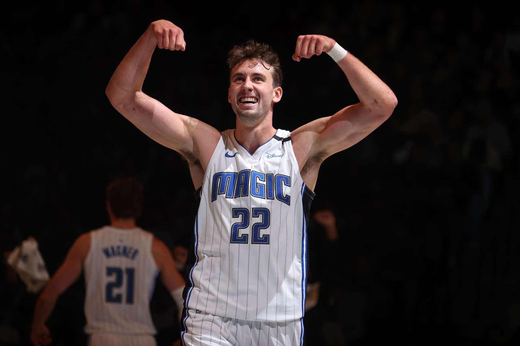BROOKLYN, NY - NOVEMBER 29: Franz Wagner #22 of the Orlando Magic celebrates during the game against the Brooklyn Nets during a Emirates NBA Cup game on October 22, 2024 at Barclays Center in Brooklyn, New York. NOTE TO USER: User expressly acknowledges and agrees that, by downloading and or using this Photograph, user is consenting to the terms and conditions of the Getty Images License Agreement. Mandatory Copyright Notice: Copyright 2024 NBAE (Photo by Nathaniel S. Butler/NBAE via Getty Images)