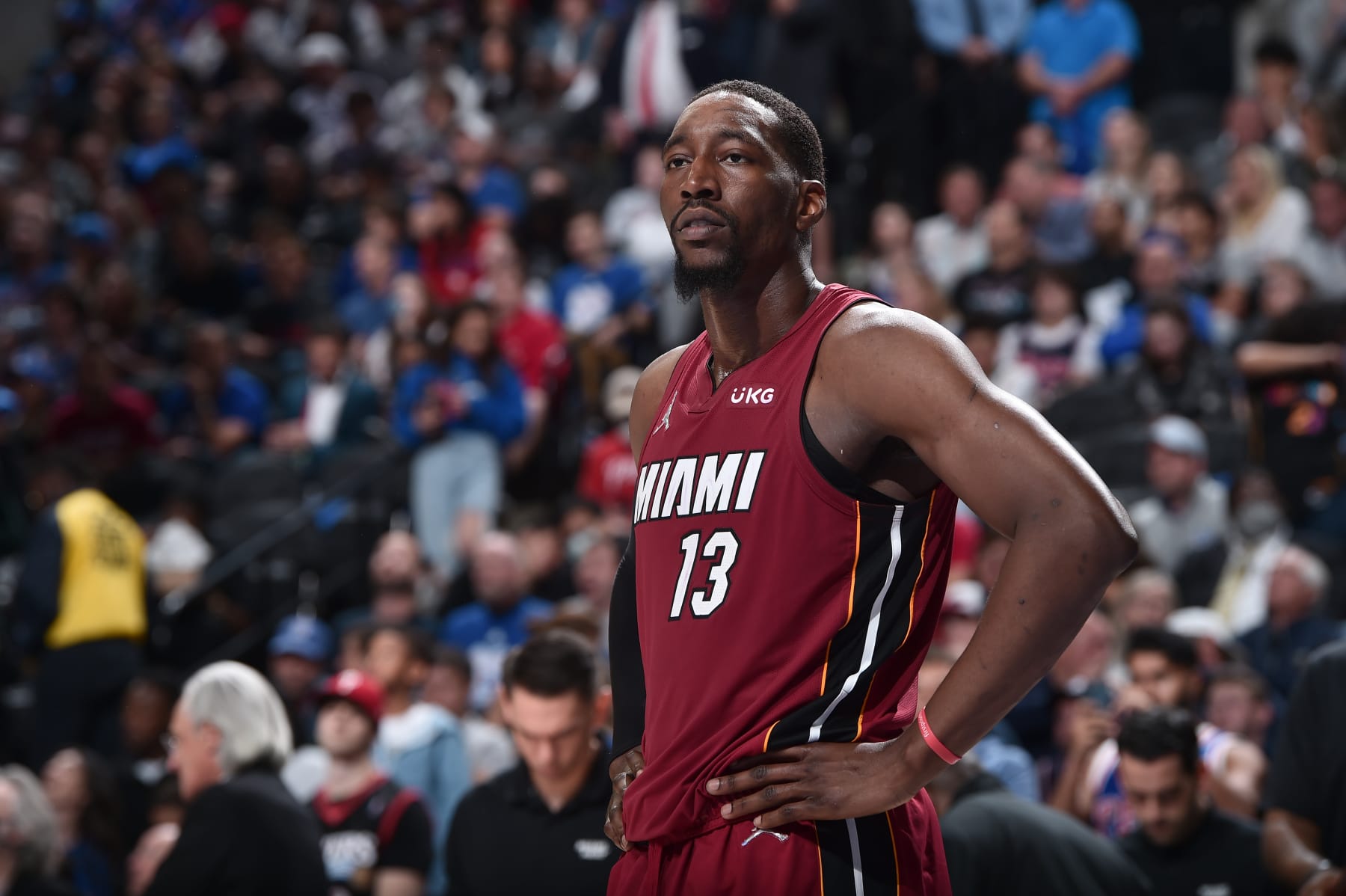 PHILADELPHIA, PA - MAY 12: Bam Adebayo #13 of the Miami Heat looks on during Game 6 of the 2022 NBA Playoffs Eastern Conference Semifinals on May 12, 2022 at the Wells Fargo Center in Philadelphia, Pennsylvania NOTE TO USER: User expressly acknowledges and agrees that, by downloading and/or using this Photograph, user is consenting to the terms and conditions of the Getty Images License Agreement. Mandatory Copyright Notice: Copyright 2022 NBAE (Photo by David Dow/NBAE via Getty Images)