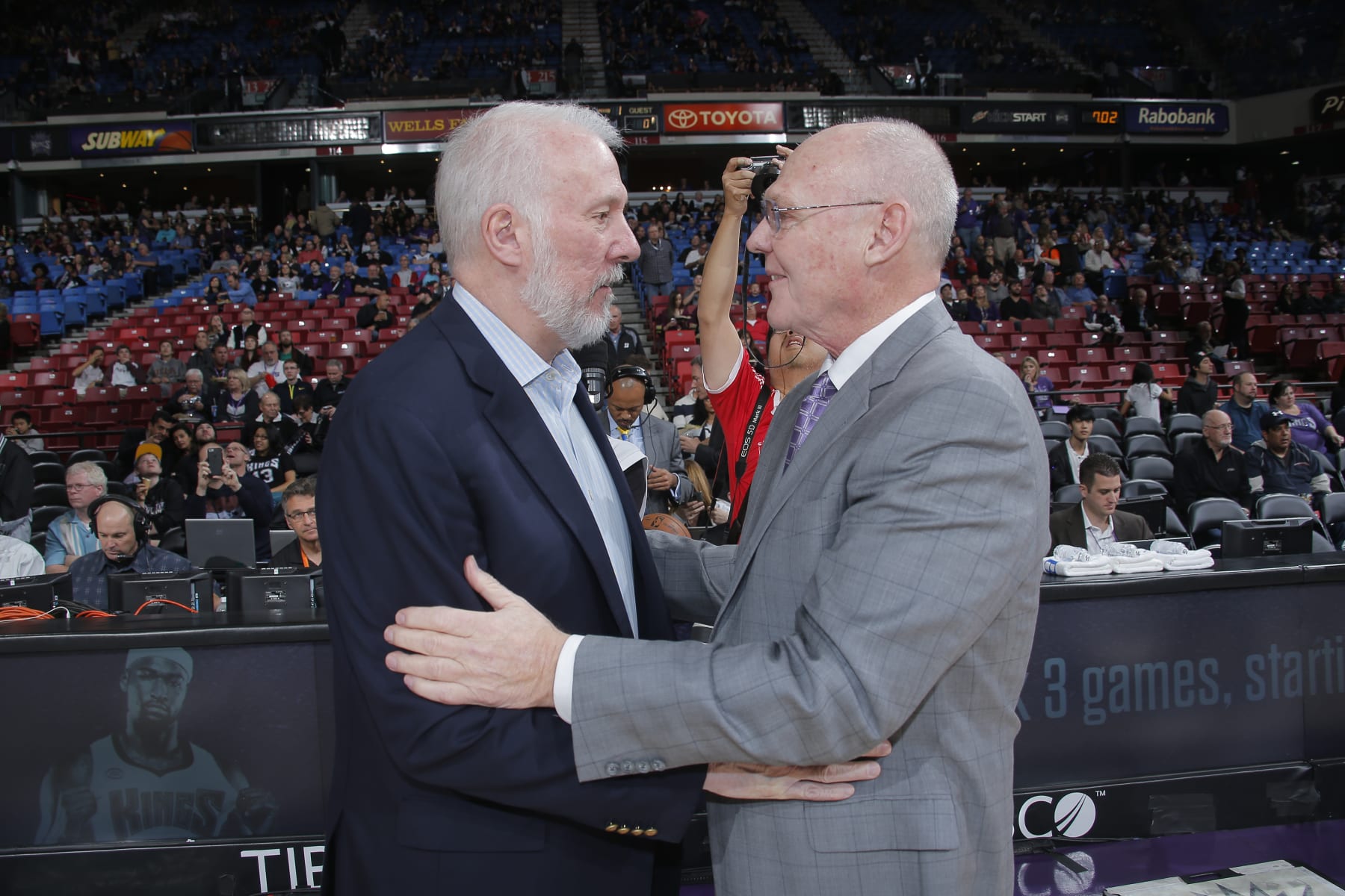 SACRAMENTO, CA - FEBRUARY 27: Head Coach Gregg Popovich of the San Antonio Spurs greets Head coach George Karl of the Sacramento Kings prior to the game on February 27, 2015 at Sleep Train Arena in Sacramento, California. NOTE TO USER: User expressly acknowledges and agrees that, by downloading and or using this photograph, User is consenting to the terms and conditions of the Getty Images Agreement. Mandatory Copyright Notice: Copyright 2015 NBAE (Photo by Rocky Widner/NBAE via Getty Images)