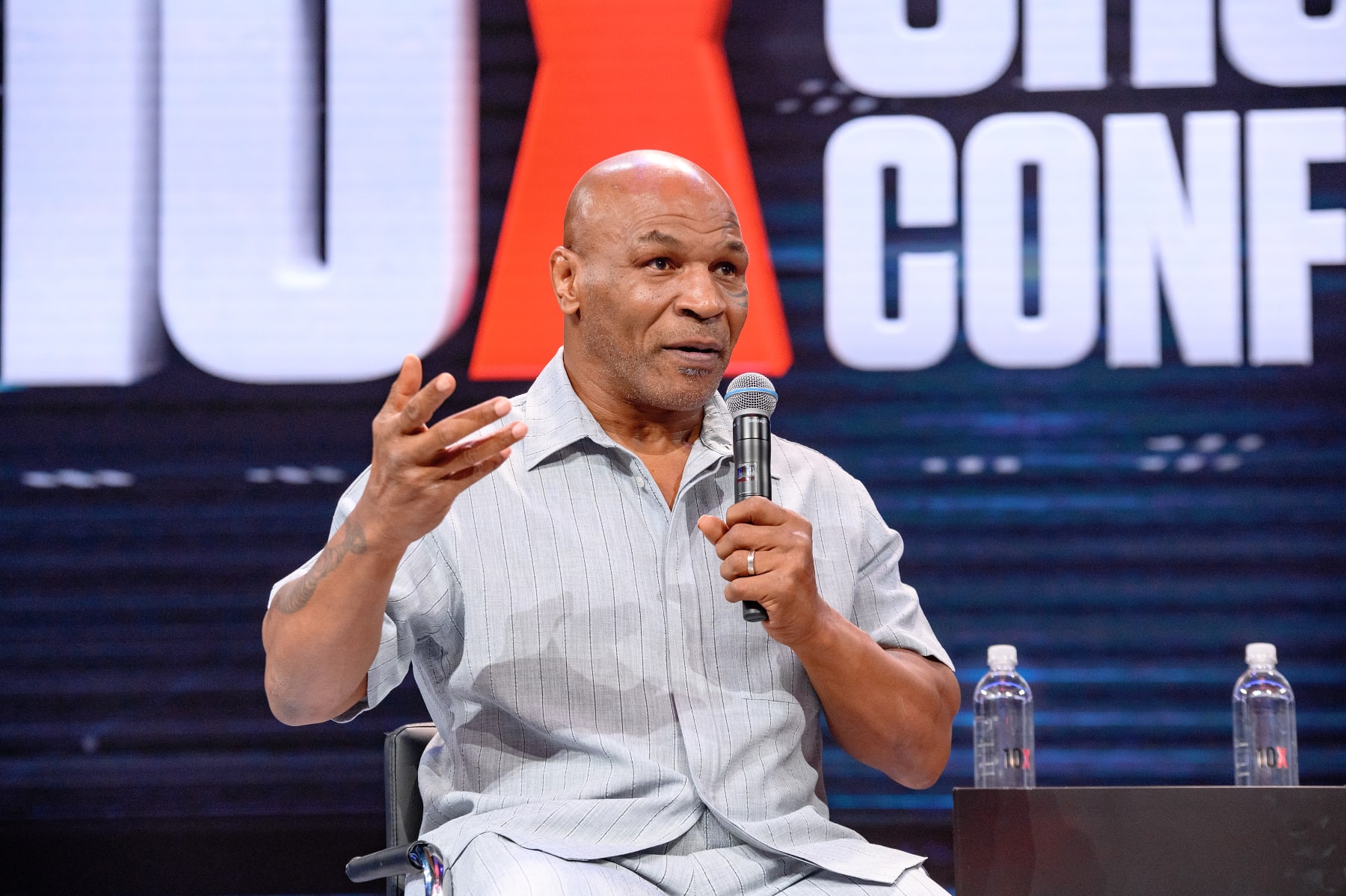 HOLLYWOOD, FLORIDA - APRIL 03: Mike Tyson speaks during the 10X Growth Conference 2024 at The Diplomat Beach Resort on April 03, 2024 in Hollywood, Florida. (Photo by Ivan Apfel/Getty Images)