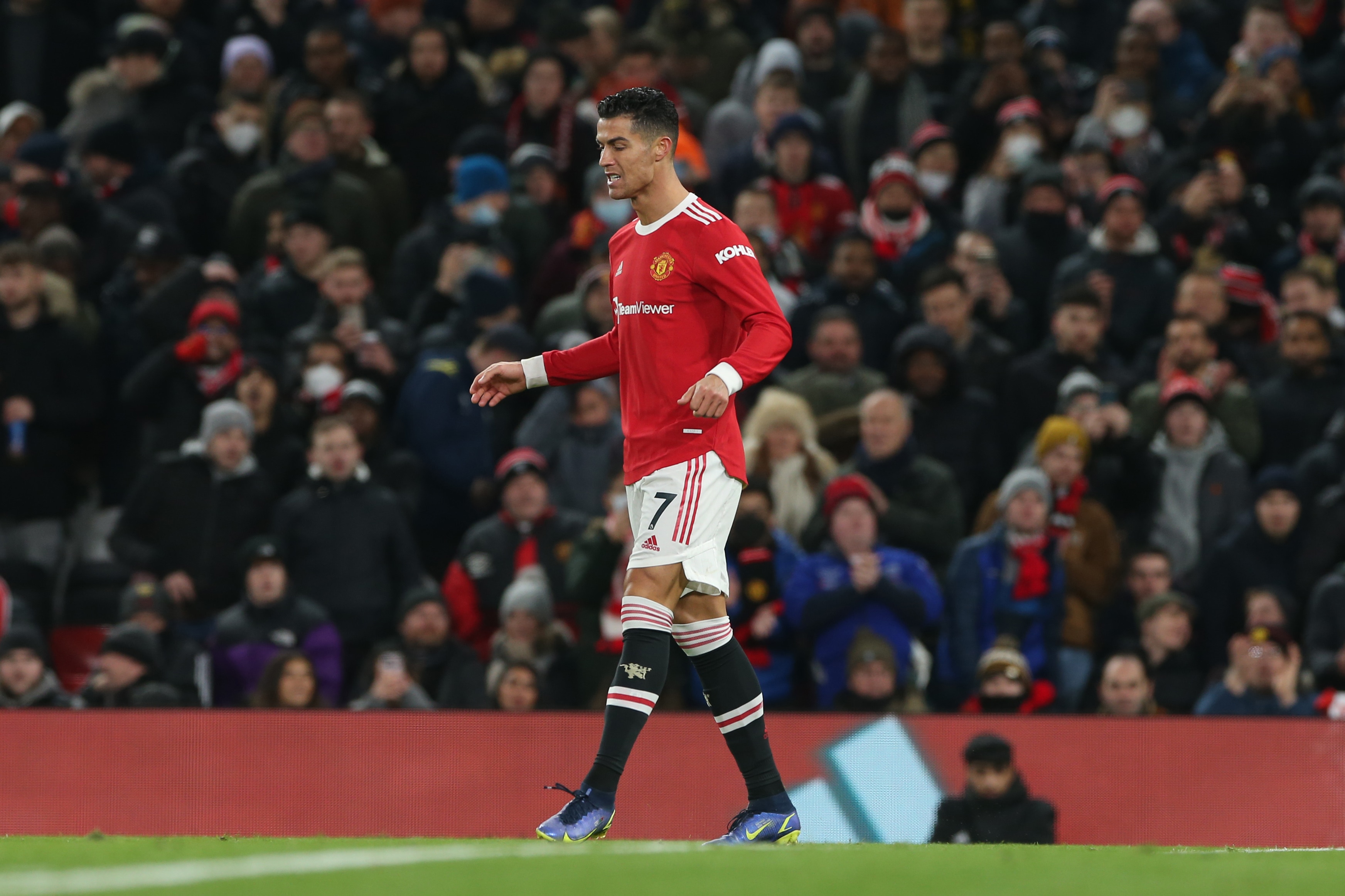 MANCHESTER, ENGLAND - DECEMBER 02:   Cristiano Ronaldo of Manchester United reacts during the Premier League match between Manchester United and  Arsenal at Old Trafford on December 2, 2021 in Manchester, England. (Photo by Matthew Peters/Manchester United via Getty Images)