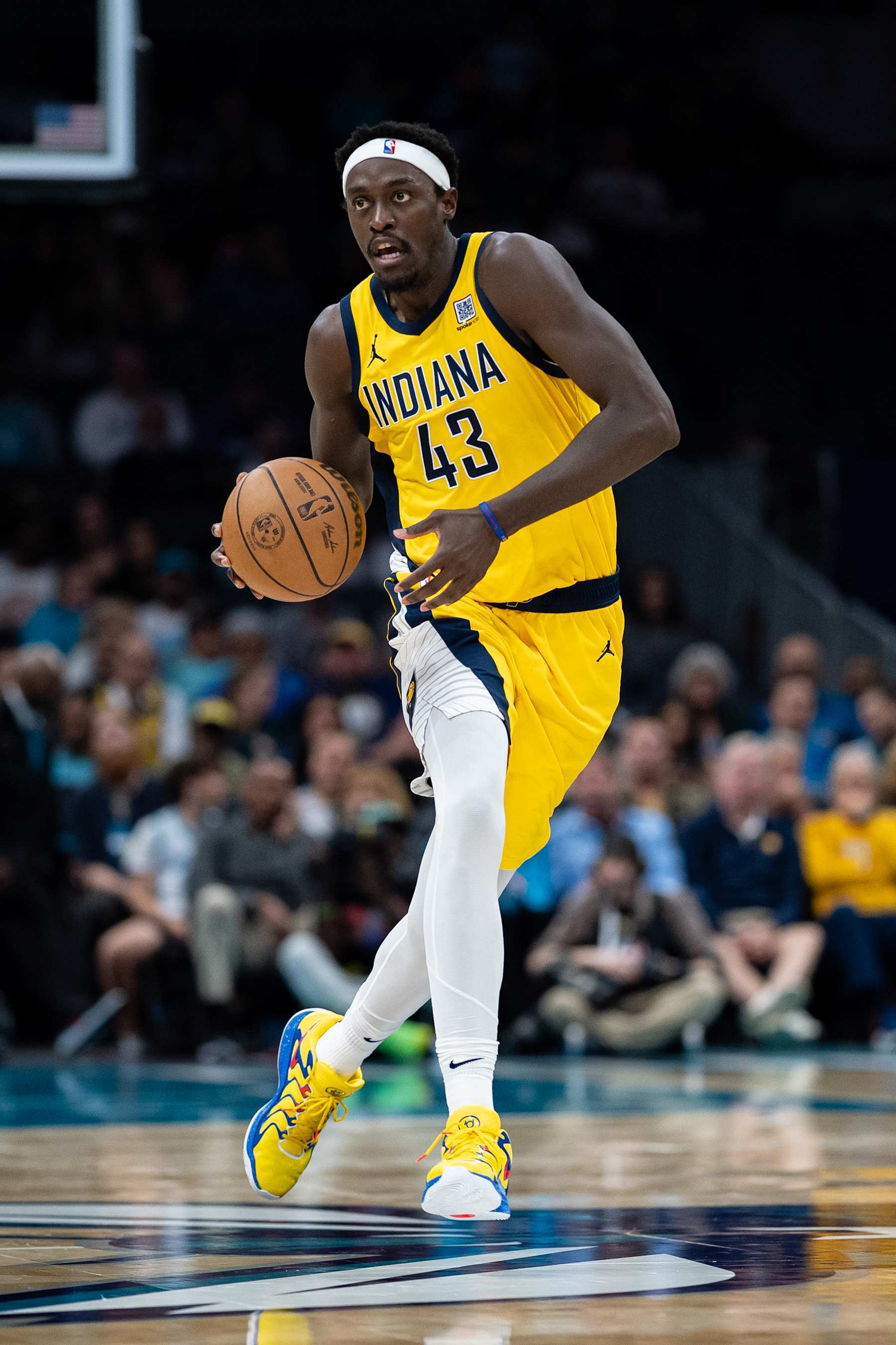 CHARLOTTE, NORTH CAROLINA - NOVEMBER 08: Pascal Siakam #43 of the Indiana Pacers plays against the Charlotte Hornets during their game at Spectrum Center on November 08, 2024 in Charlotte, North Carolina. NOTE TO USER: User expressly acknowledges and agrees that, by downloading and or using this photograph, User is consenting to the terms and conditions of the Getty Images License Agreement. (Photo by Jacob Kupferman/Getty Images)