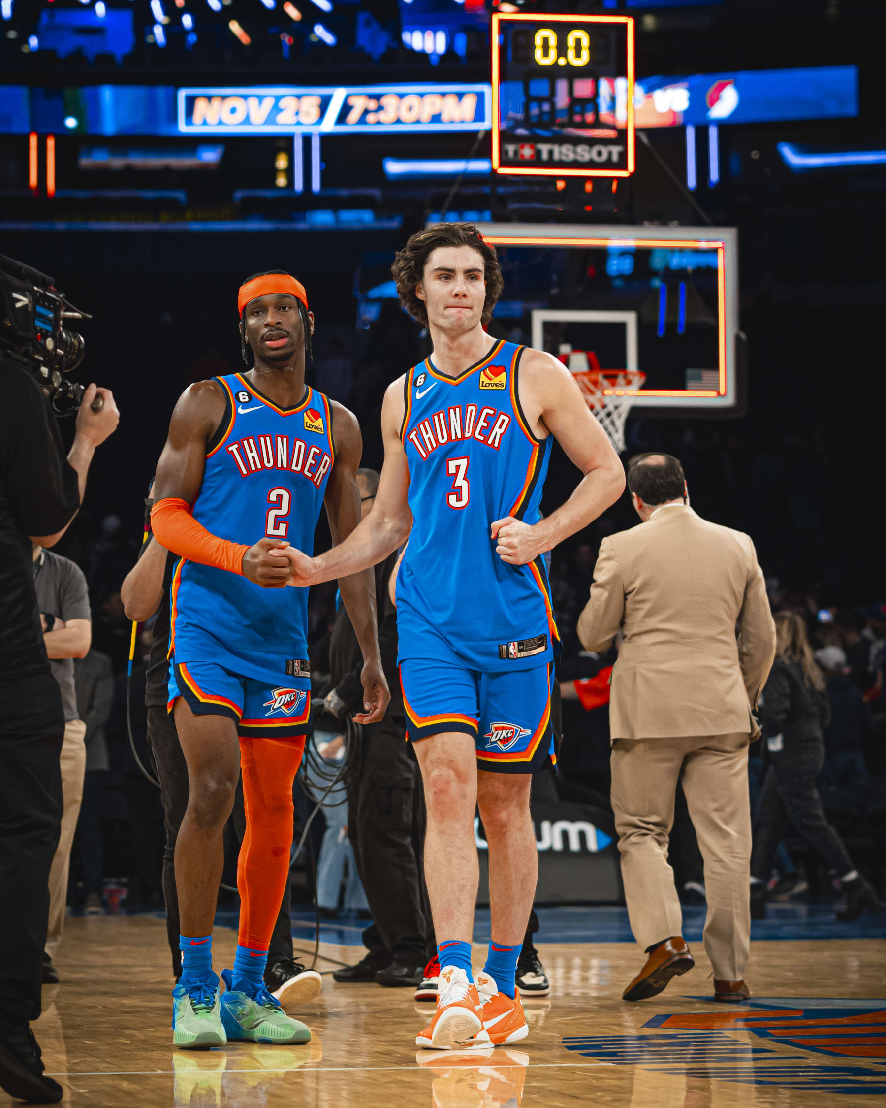 NEW YORK CITY, NY - NOVEMBER 13: Shai Gilgeous-Alexander #2 and Josh Giddey #3 of the Oklahoma City Thunder high five after the game against the New York Knicks on November 13, 2022 at Madison Square Garden in New York City, NY. NOTE TO USER: User expressly acknowledges and agrees that, by downloading and/or using this Photograph, user is consenting to the terms and conditions of the Getty Images License Agreement. Mandatory Copyright Notice: Copyright 2022 NBAE (Photo by Zach Beeker/NBAE via Getty Images)