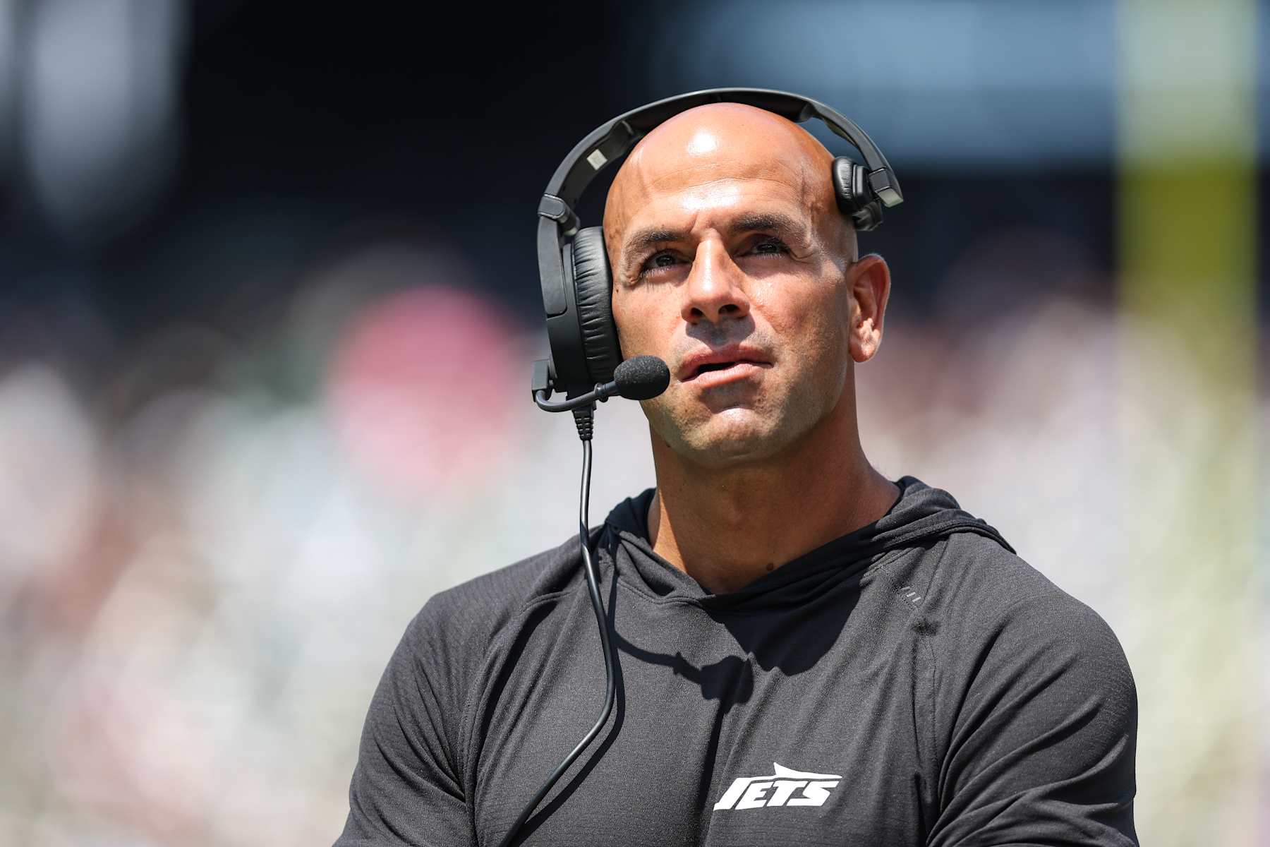EAST RUTHERFORD, NJ - AUGUST 10: Robert Saleh of the New York Jets looks on during an NFL football game against the Washington Commanders at MetLife Stadium on August 10, 2024 in East Rutherford, NJ. (Photo by Perry Knotts/Getty Images)