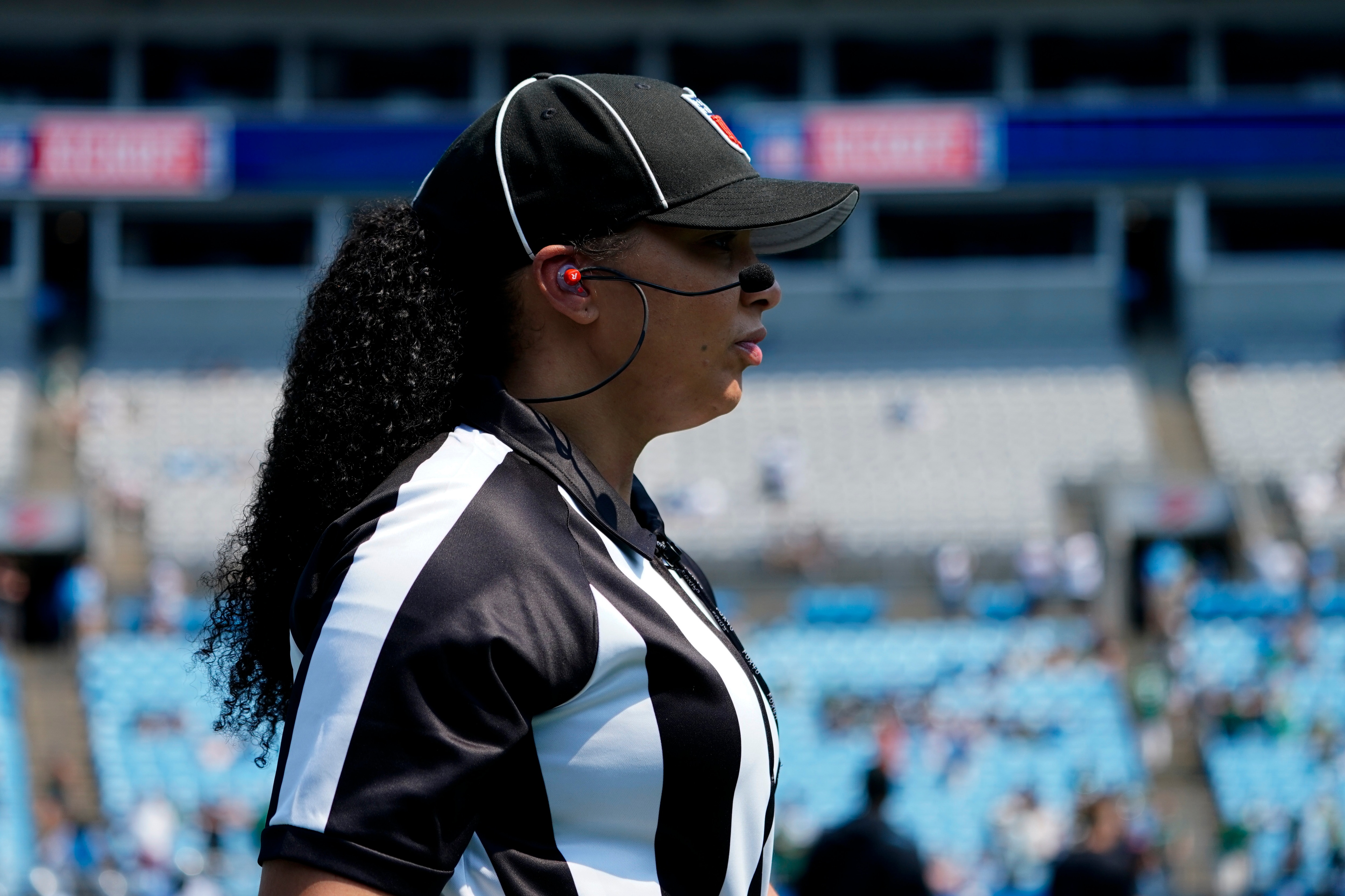 Line judge Maia Chaka arrives for a an NFL football game between the Carolina Panthers and the New York Jets Sunday, Sept. 12, 2021, in Charlotte, N.C. (AP Photo/Jacob Kupferman)