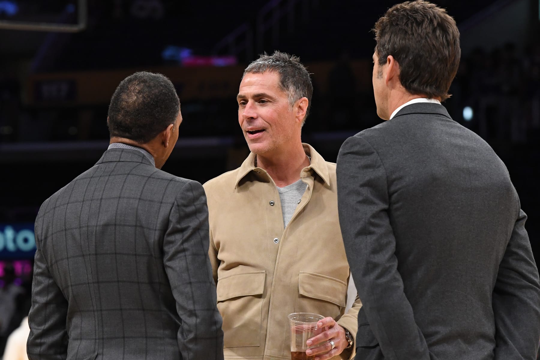LOS ANGELES, CA - MARCH 2: Rob Pelinka talks before the game between the Denver Nuggets and the Los Angeles Lakers on March 2, 2024 at Crypto.Com Arena in Los Angeles, California. NOTE TO USER: User expressly acknowledges and agrees that, by downloading and/or using this Photograph, user is consenting to the terms and conditions of the Getty Images License Agreement. Mandatory Copyright Notice: Copyright 2024 NBAE (Photo by Andrew D. Bernstein/NBAE via Getty Images)