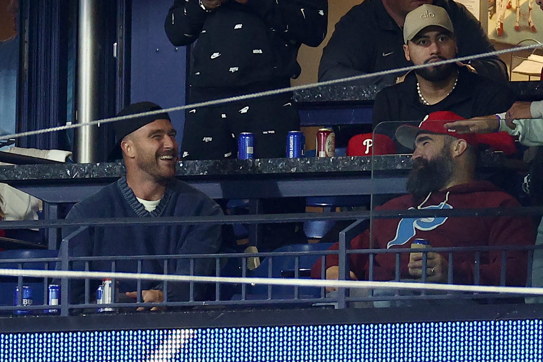 PHILADELPHIA, PENNSYLVANIA - OCTOBER 16: Travis and Jason Kelce attend Game One of the Championship Series between the Arizona Diamondbacks and the Philadelphia Phillies at Citizens Bank Park on October 16, 2023 in Philadelphia, Pennsylvania. (Photo by Elsa/Getty Images)