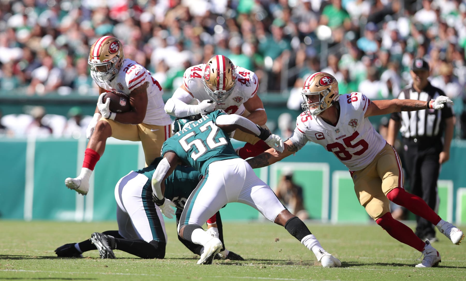 PHILADELPHIA, PA - SEPTEMBER 19: Elijah Mitchell #25 of the San Francisco 49ers rushes during the game against the Philadelphia Eagles at Lincoln Financial Field on September 19, 2021 in Philadelphia, Pennsylvania. The 49ers defeated the Eagles 17-11. (Photo by Michael Zagaris/San Francisco 49ers/Getty Images)