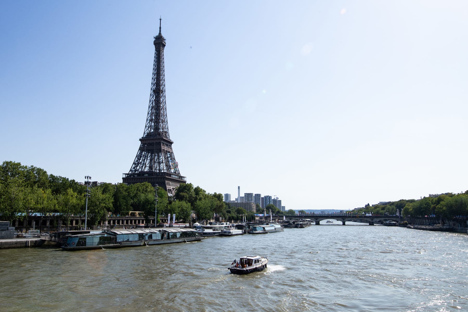 Photograph of the Eiffel Tower with the Olympic rings and the Seine River in Paris, France on July 29, 2024. (Photo by Mathilde Kaczkowski / Hans Lucas / Hans Lucas via AFP) (Photo by MATHILDE KACZKOWSKI/Hans Lucas/AFP via Getty Images)