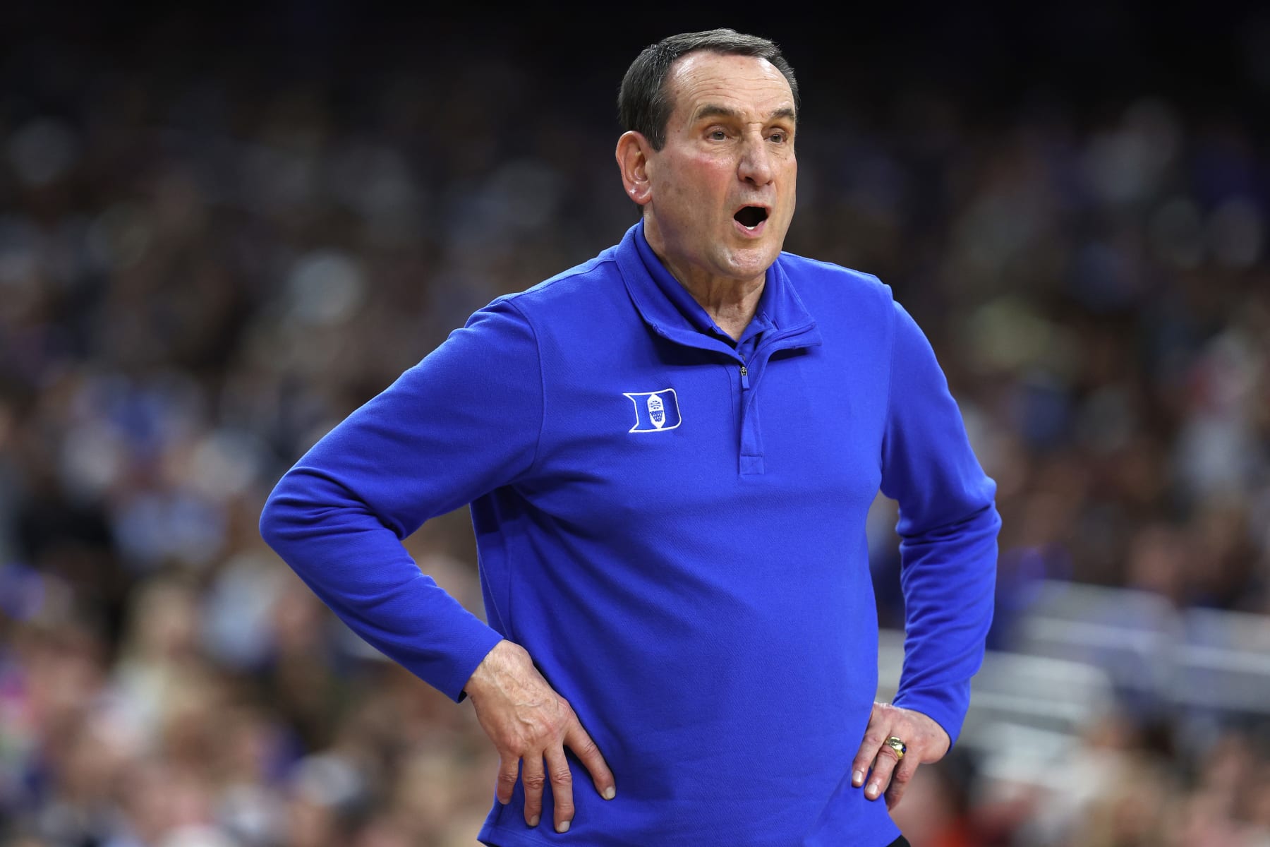 NEW ORLEANS, LOUISIANA - APRIL 02: Head coach Mike Krzyzewski of the Duke Blue Devils looks on from the sideline in the first half of the game against the North Carolina Tar Heels during the 2022 NCAA Men's Basketball Tournament Final Four semifinal at Caesars Superdome on April 02, 2022 in New Orleans, Louisiana. (Photo by Jamie Squire/Getty Images)
