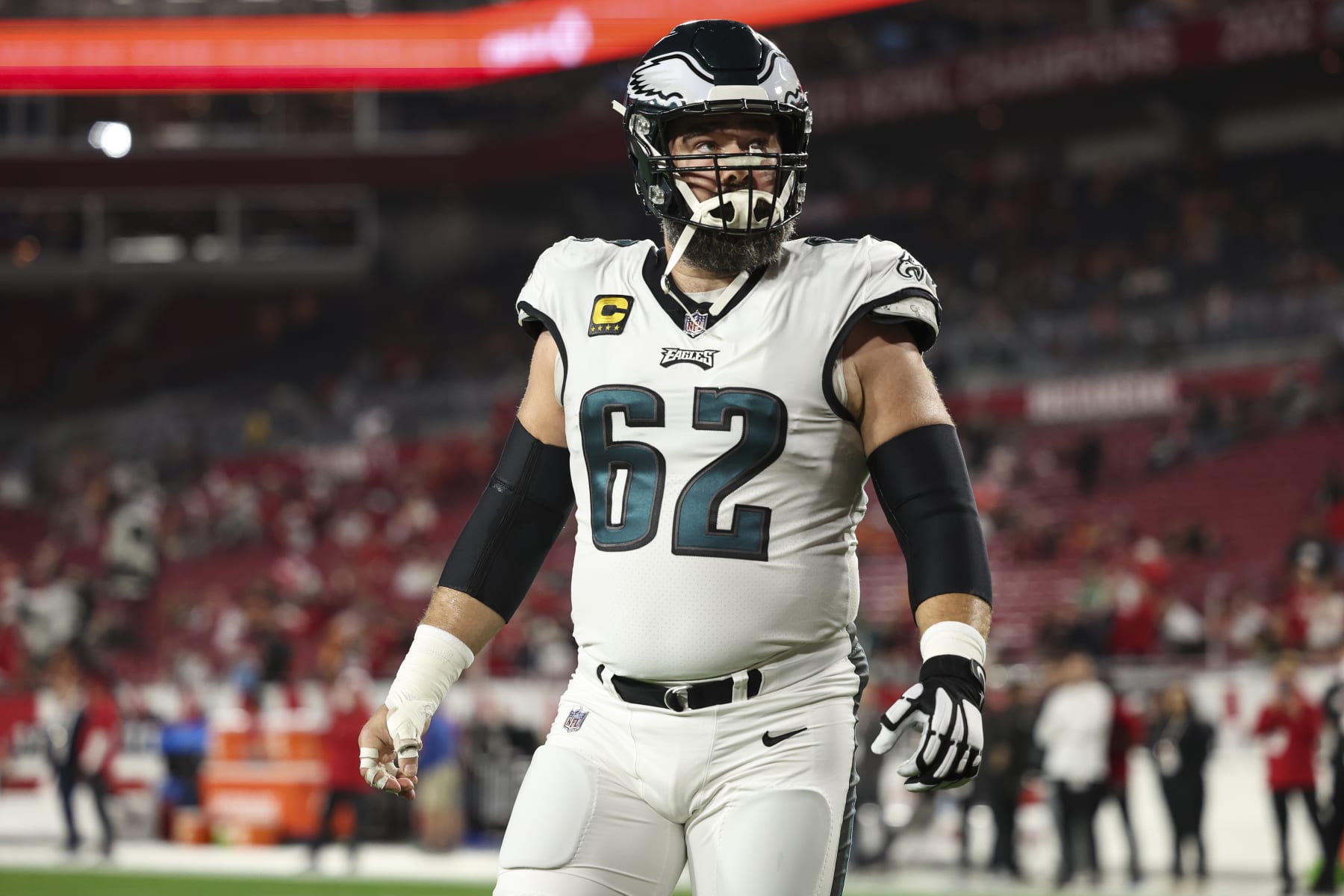 TAMPA, FL - JANUARY 15: Jason Kelce #62 of the Philadelphia Eagles warms up prior to an NFL Wild Card playoff football game against the Tampa Bay Buccaneers at Raymond James Stadium on January 15, 2024 in Tampa, Florida. (Photo by Perry Knotts/Getty Images)