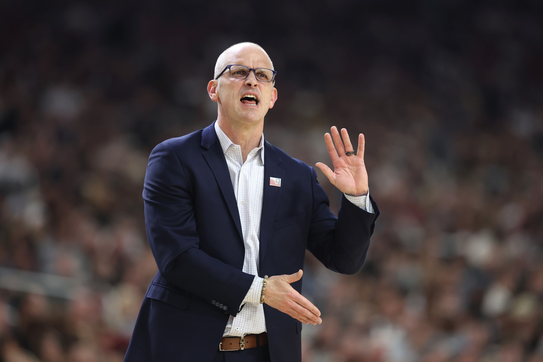 GLENDALE, ARIZONA - APRIL 06: Head coach Dan Hurley of the Connecticut Huskies reacts in the first half against the Alabama Crimson Tide in the NCAA Men's Basketball Tournament Final Four semifinal game at State Farm Stadium on April 06, 2024 in Glendale, Arizona. (Photo by Christian Petersen/Getty Images)