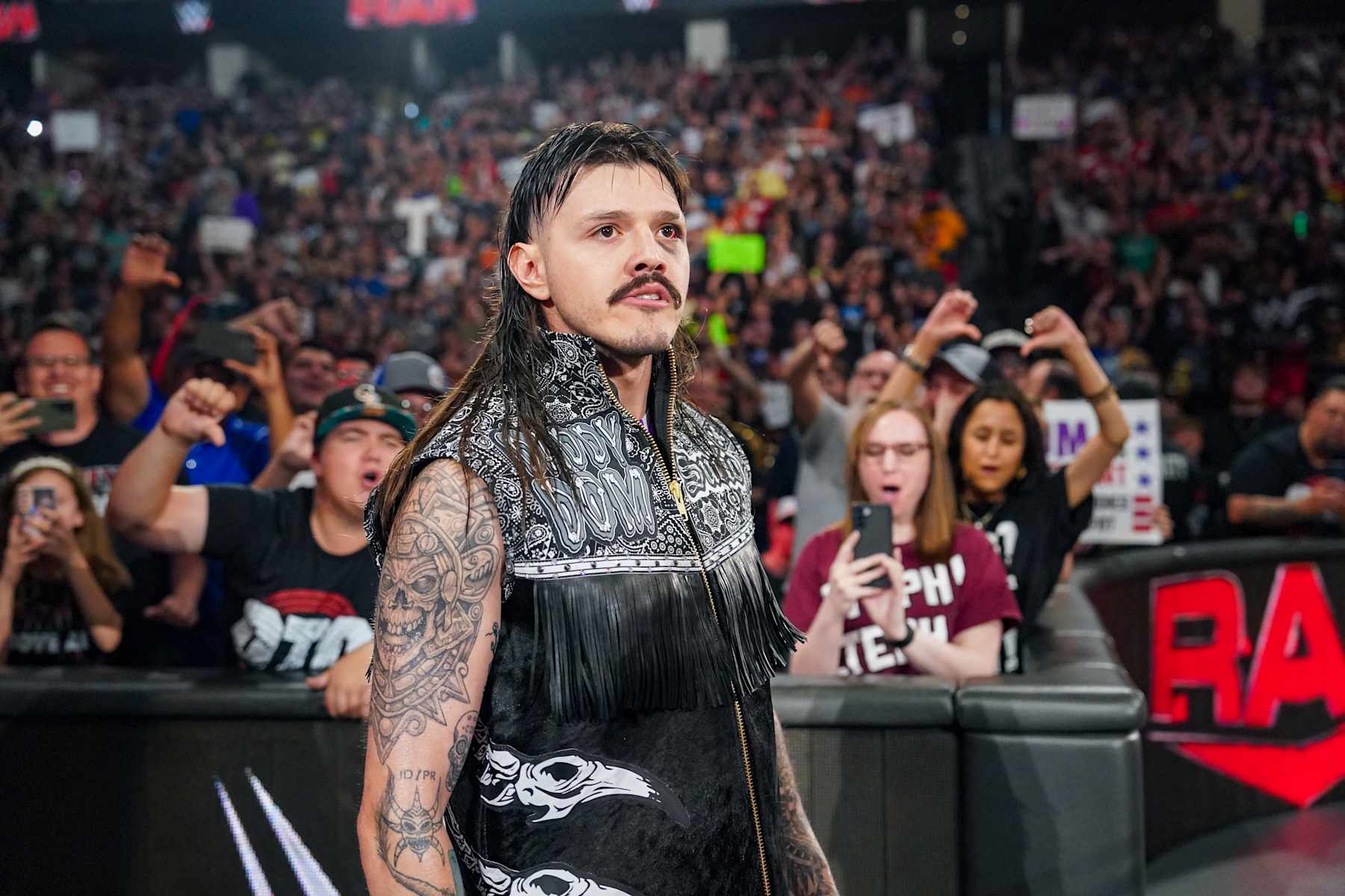 DENVER, COLORADO - SEPTEMBER 2: "Dirty" Dominik Mysterio interrupts Rhea Ripley during Monday Night RAW at Ball Arena on September 2, 2024 in Denver, Colorado.  (Photo by WWE/Getty Images)