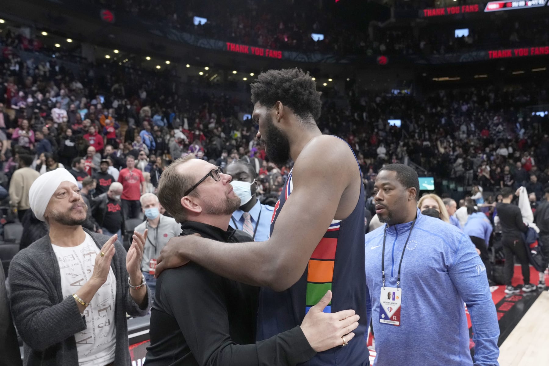 TORONTO, CANADA - APRIL 28: Head Coach Nick Nurse of the Toronto Raptors greets Joel Embiid #21 of the Philadelphia 76ers after Round 1 Game 5 of the 2022 NBA Playoffs on April 28, 2022 at the Scotiabank Arena in Toronto, Ontario, Canada.  NOTE TO USER: User expressly acknowledges and agrees that, by downloading and or using this Photograph, user is consenting to the terms and conditions of the Getty Images License Agreement.  Mandatory Copyright Notice: Copyright 2022 NBAE (Photo by Mark Blinch/NBAE via Getty Images)