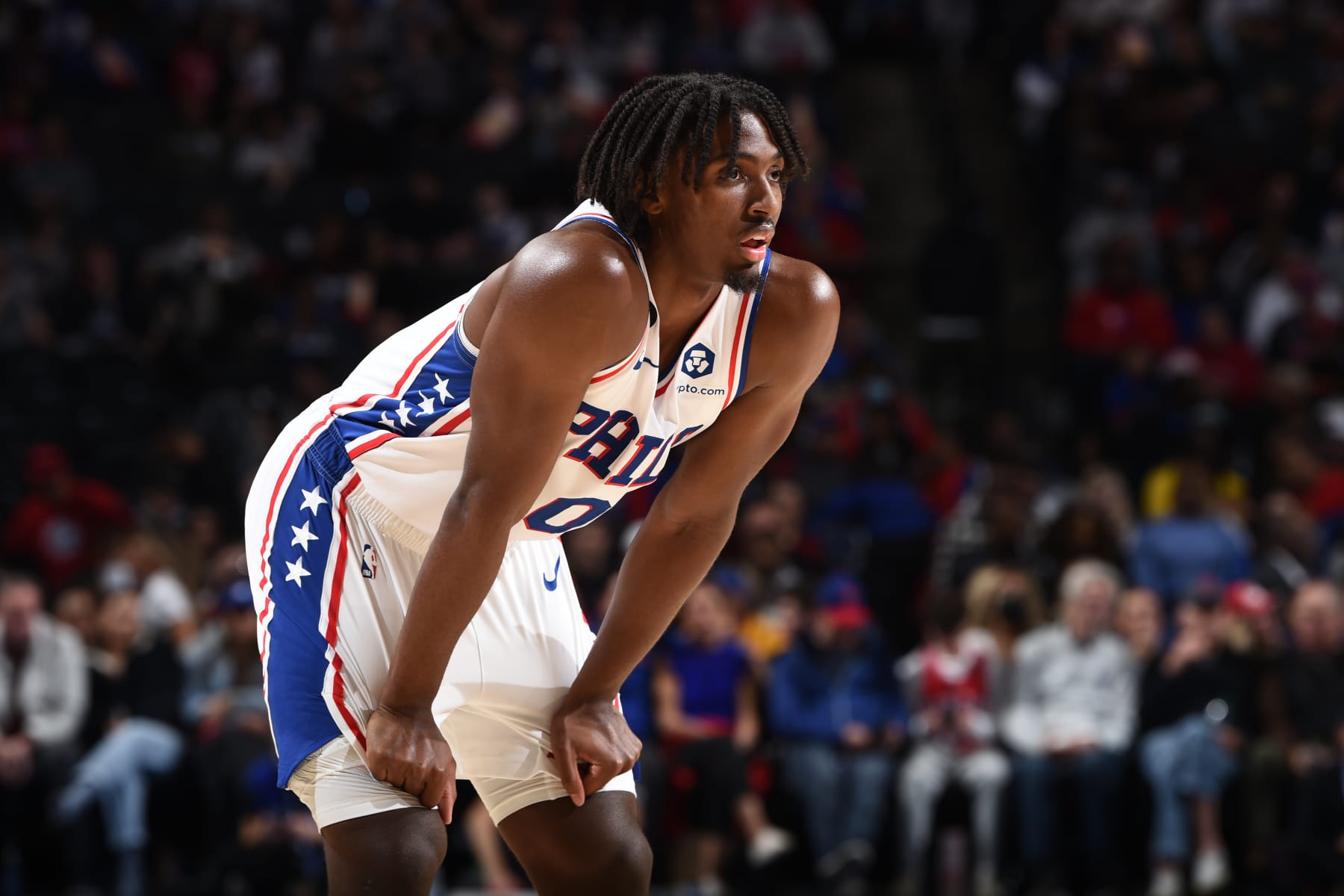 PHILADELPHIA, PA - OCTOBER 22: Tyrese Maxey #0 of the Philadelphia 76ers looks on during the game against the San Antonio Spurs on October 22, 2022 at the Wells Fargo Center in Philadelphia, Pennsylvania NOTE TO USER: User expressly acknowledges and agrees that, by downloading and/or using this Photograph, user is consenting to the terms and conditions of the Getty Images License Agreement. Mandatory Copyright Notice: Copyright 2022 NBAE (Photo by David Dow/NBAE via Getty Images)