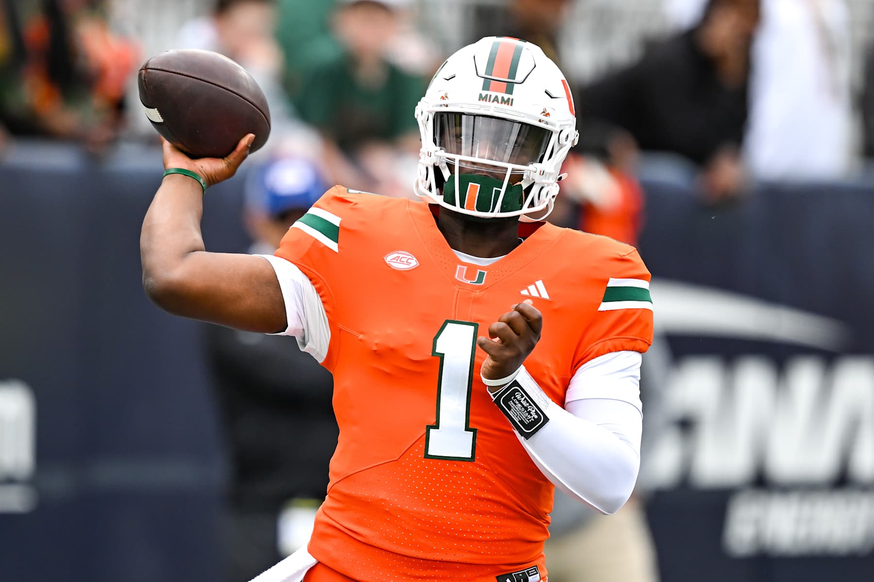 ATLANTA, GA NOVEMBER 09: Miami quarterback Cam Ward (1) warms up prior to the start of the college football game between the Miami Hurricanes and the Georgia Tech Yellow Jackets on November 9th, 2024 at Mercedes-Benz Stadium in Atlanta, GA. (Photo by Rich von Biberstein/Icon Sportswire via Getty Images) ATLANTA, GA NOVEMBER 09: Miami quarterback Cam Ward (1) warms up prior to the start of the college football game between the Miami Hurricanes and the Georgia Tech Yellow Jackets on November 9th, 2024 at Mercedes-Benz Stadium in Atlanta, GA. (Photo by Rich von Biberstein/Icon Sportswire via Getty Images)