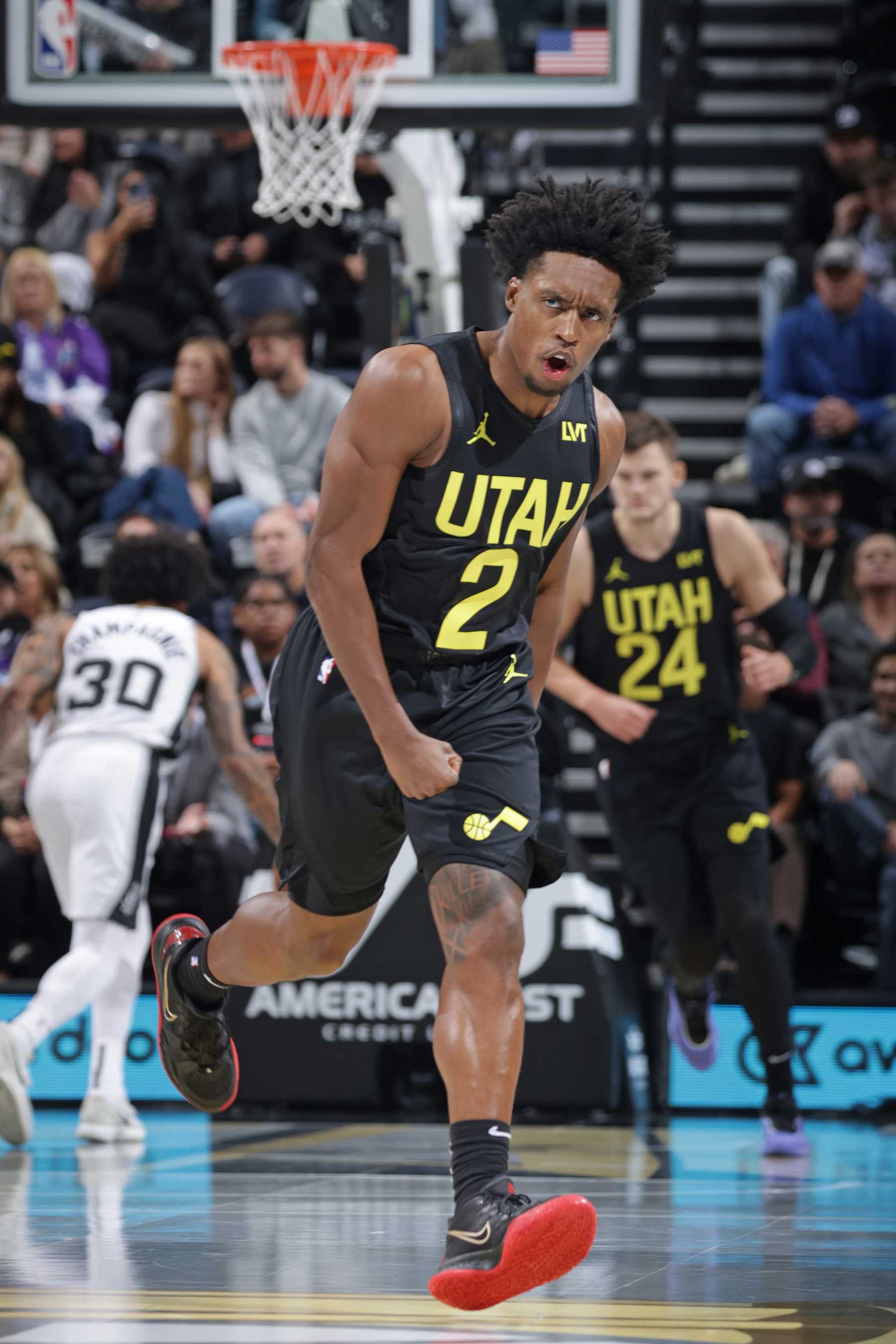 SALT LAKE CITY, UT - NOVEMBER 26: Collin Sexton #2 of the Utah Jazz celebrates during the game against the San Antonio Spurs during the Emirates NBA Cup game on November 26, 2024 at Delta Center in Salt Lake City, Utah. NOTE TO USER: User expressly acknowledges and agrees that, by downloading and or using this Photograph, User is consenting to the terms and conditions of the Getty Images License Agreement. Mandatory Copyright Notice: Copyright 2024 NBAE (Photo by Melissa Majchrzak/NBAE via Getty Images)