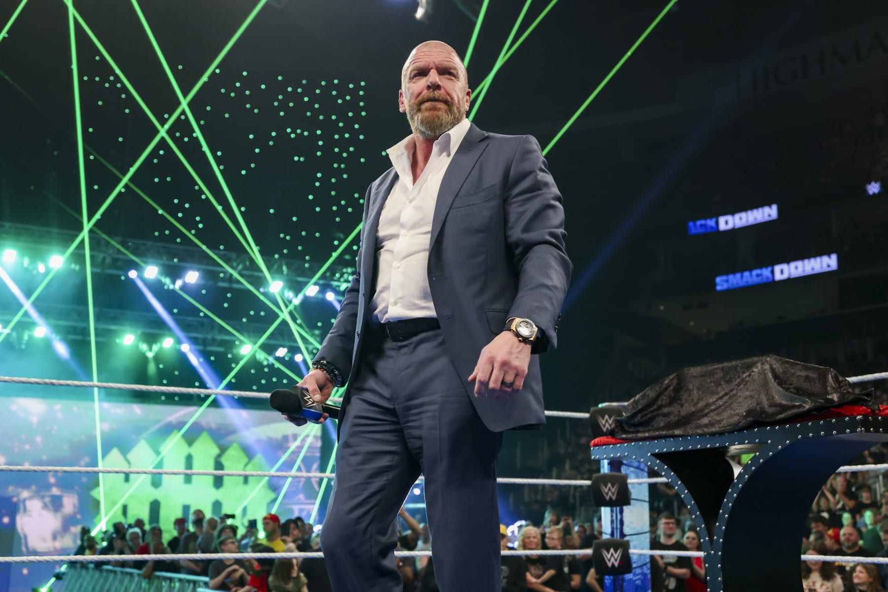 PITTSBURGH, PENNSYLVANIA- APRIL 19: CCO of WWE, Paul "Triple H" Levesque makes a special appearance during SmackDown at PPG Paints Arena on April 19, 2024 in Pittsburgh, Pennsylvania.  (Photo by WWE/Getty Images)