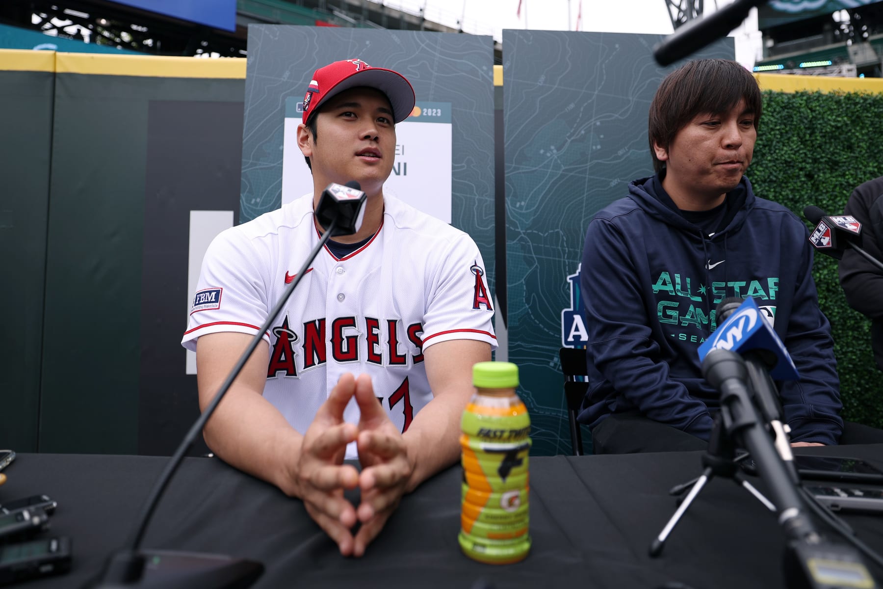 SEATTLE, WASHINGTON - JULY 10: Shohei Ohtani #17 of the Los Angeles Angels speaks to the media during Gatorade All-Star Workout Day at T-Mobile Park on July 10, 2023 in Seattle, Washington. (Photo by Steph Chambers/Getty Images)