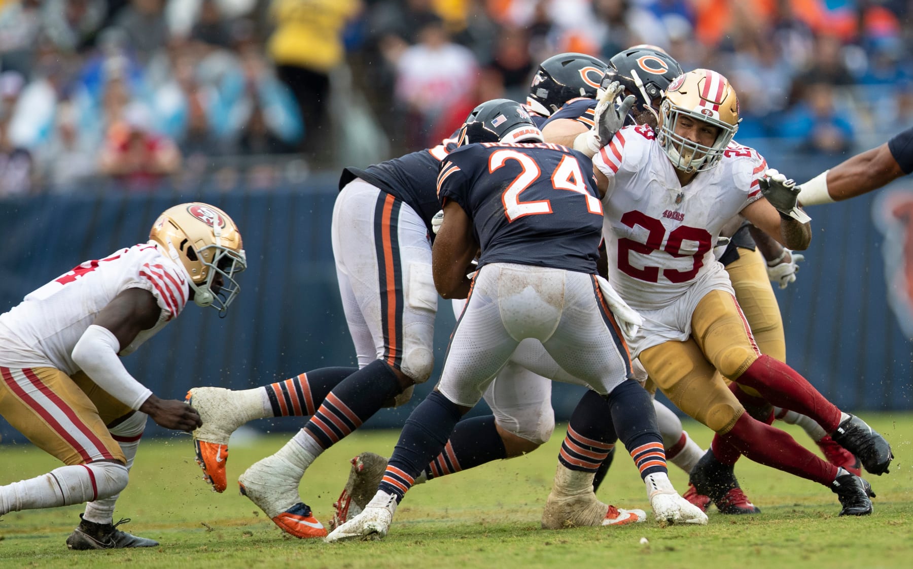 CHICAGO, IL - SEPTEMBER 11: Talanoa Hufanga #29 of the San Francisco 49ers tackles Khalil Herbert #24 of the Chicago Bears during the game at Soldier Field on September 11, 2022 in Chicago, Illinois. The Bears defeated the 49ers 19-10. (Photo by Michael Zagaris/San Francisco 49ers/Getty Images)