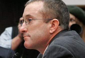 WASHINGTON - FEBRUARY 13:  Major Brian McNamee (R), former personal trainer, sits at the witness table during a House Oversight and Government Reform Committee hearing February 13, 2008 in Washington, DC. The committee is hearing testimony on use of stero