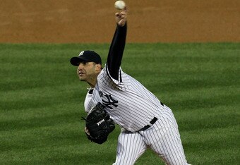 NEW YORK - OCTOBER 18:  Starting pitcher Andy Pettitte #46 of the New York Yankees pitches against the Texas Rangers in Game Three of the ALCS during the 2010 MLB Playoffs at Yankee Stadium on October 18, 2010 in New York, New York. The Raners won 8-0.  (