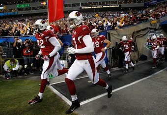 TAMPA, FL - FEBRUARY 01:  Bertrand Berry #92 and Aaron Francisco #47 of the Arizona Cardinals take the field against the Pittsburgh Steelers during Super Bowl XLIII on February 1, 2009 at Raymond James Stadium in Tampa, Florida. Steelers won 27-24. (Photo