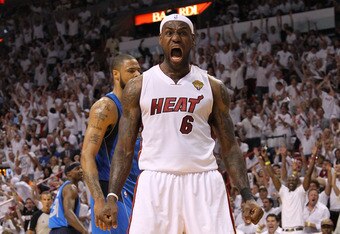 MIAMI, FL - JUNE 02:  LeBron James #6 of the Miami Heat reacts against the Dallas Mavericks in Game Two of the 2011 NBA Finals at American Airlines Arena on June 2, 2011 in Miami, Florida. NOTE TO USER: User expressly acknowledges and agrees that, by down