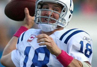 JACKSONVILLE, FL - OCTOBER 03:  Quarterback Peyton Manning #18 of the Indianapolis Colts throws while taking on the Jacksonville Jaguars at EverBank Field on October 3, 2010 in Jacksonville, Florida.  (Photo by Marc Serota/Getty Images)