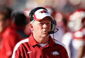 TUSCALOOSA, AL - SEPTEMBER 24:  Head coach Bobby Petrino of the Arkansas Razorbacks looks on during the game against the Alabama Crimson Tide at Bryant-Denny Stadium on September 24, 2011 in Tuscaloosa, Alabama.  (Photo by Kevin C. Cox/Getty Images)