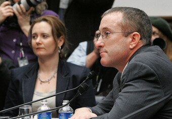 WASHINGTON - FEBRUARY 13:  Major Brian McNamee (R), former personal trainer, sits at the witness table during a House Oversight and Government Reform Committee hearing February 13, 2008 in Washington, DC. The committee is hearing testimony on use of stero