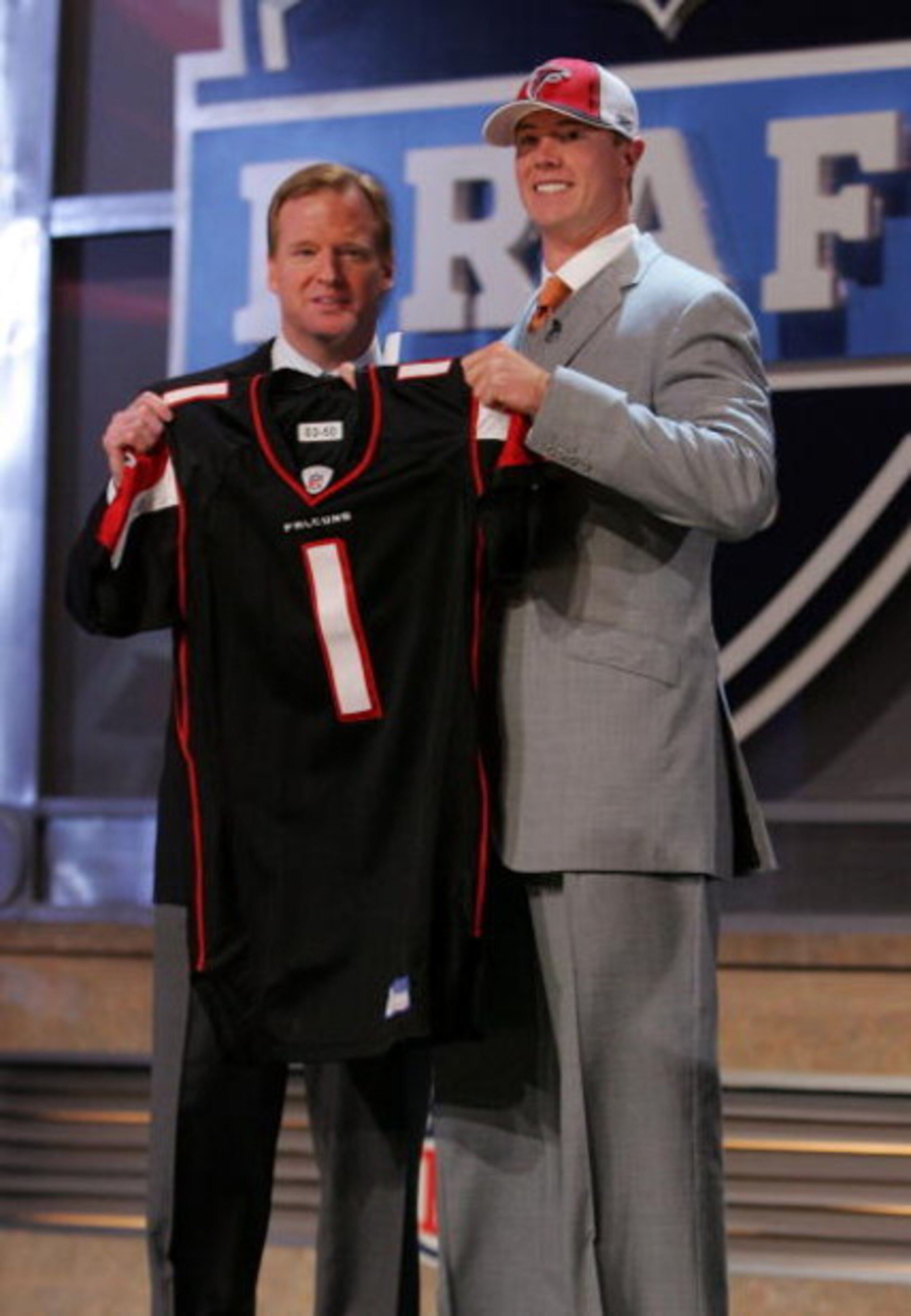 NEW YORK - APRIL 26:  Matt Ryan poses for a photo after being selected third overall by the Atlanta Falcons with National Football League Commissioner Roger Goodell during the 2008 NFL Draft on April 26, 2008 at Radio City Music Hall in New York, New York