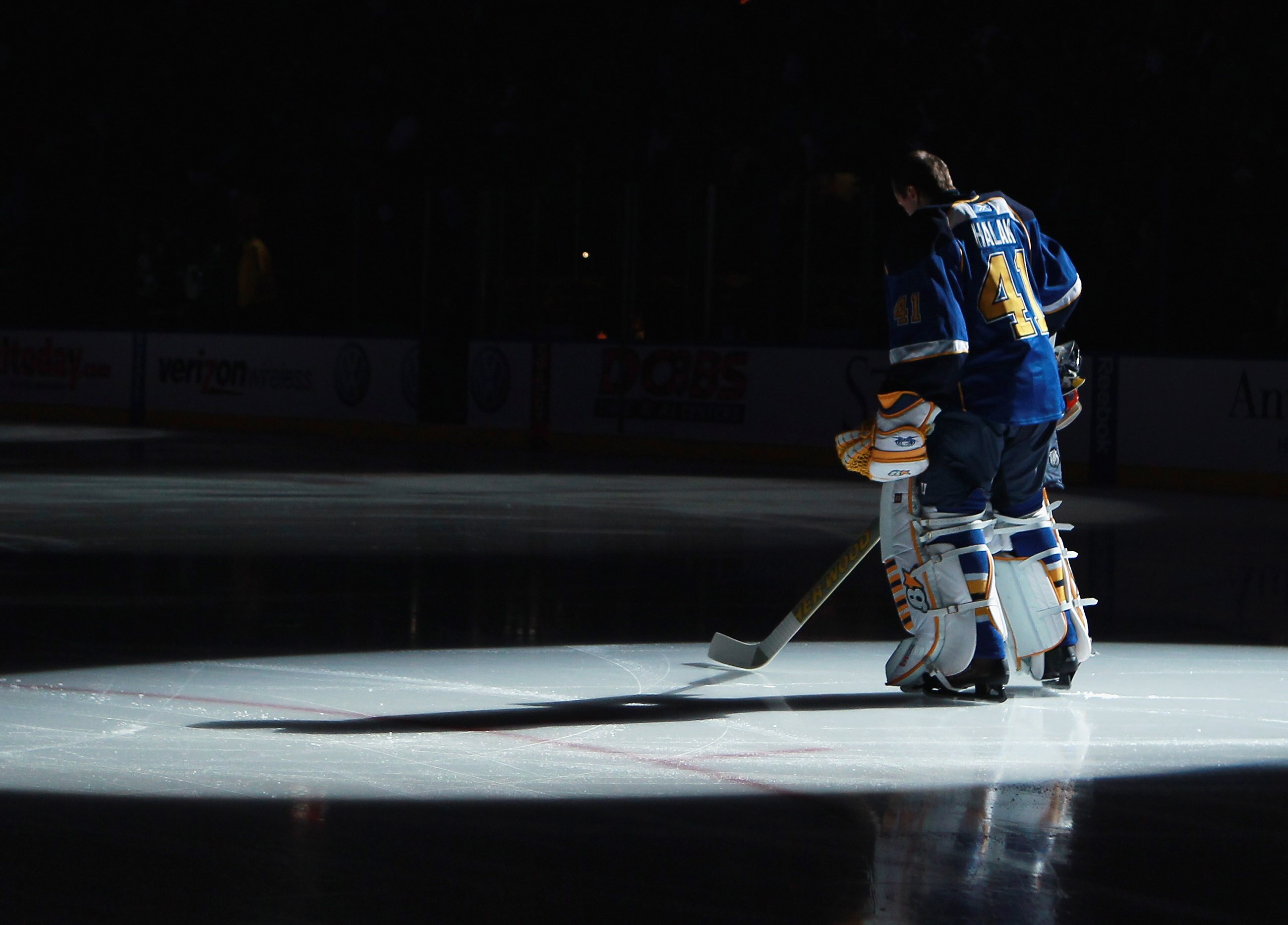 ST LOUIS, MO - DECEMBER 09:  Jaroslav Halak #41 of the St. Louis Blues stands at attention during the national anthem prior to the game against the Columbus Blue Jackets at the Scottrade Center on December 9, 2010 in St Louis, Missouri.  (Photo by Bruce B