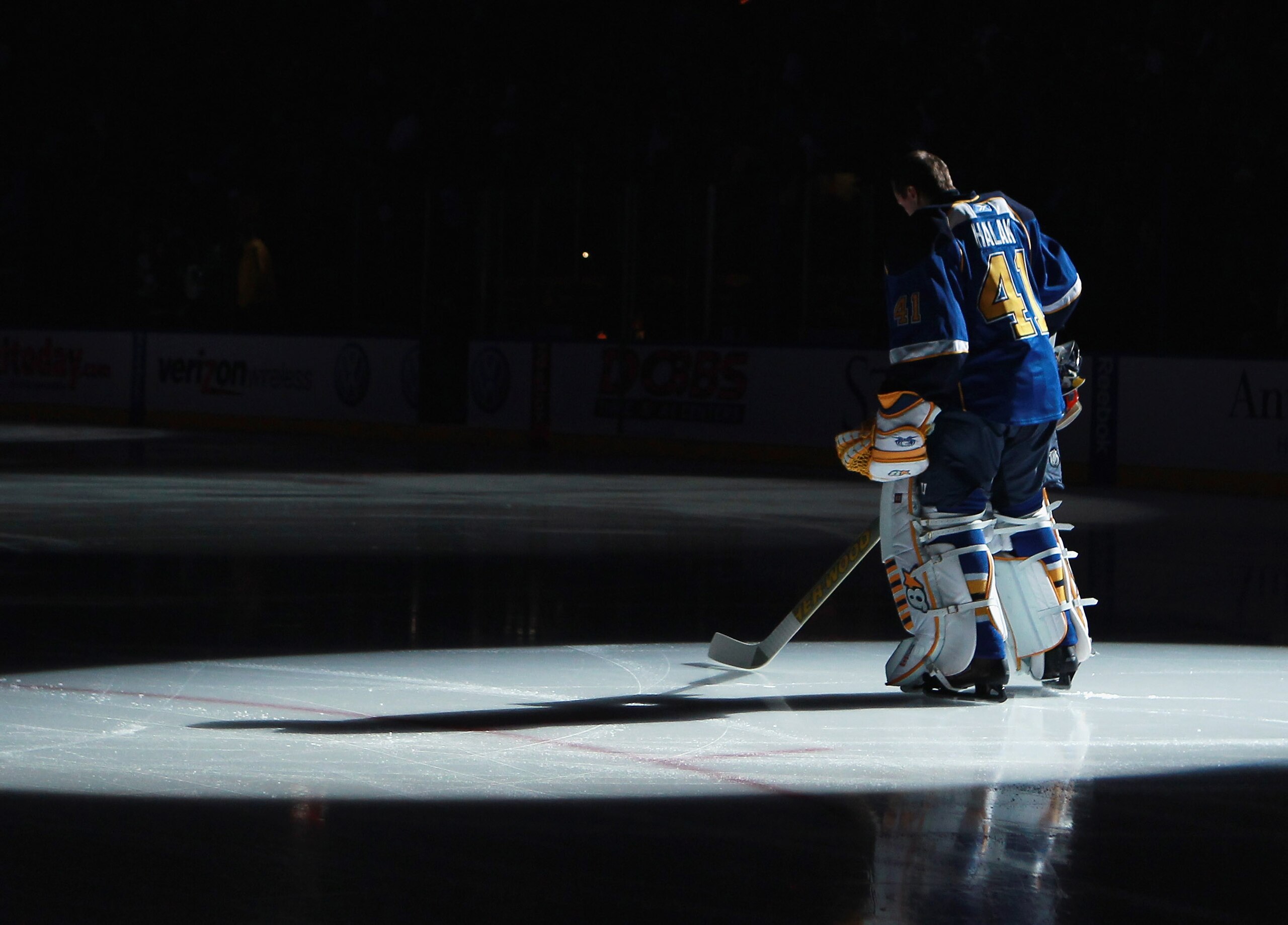 ST LOUIS, MO - DECEMBER 09:  Jaroslav Halak #41 of the St. Louis Blues stands at attention during the national anthem prior to the game against the Columbus Blue Jackets at the Scottrade Center on December 9, 2010 in St Louis, Missouri.  (Photo by Bruce B