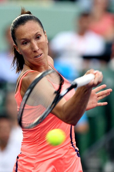 KEY BISCAYNE, FL - MARCH 29:  Jelena Jankovic of Serbia hits a forehand return against Andrea Petkovic of Germany during the Sony Ericsson Open at Crandon Park Tennis Center on March 29, 2011 in Key Biscayne, Florida.  (Photo by Mike Ehrmann/Getty Images)