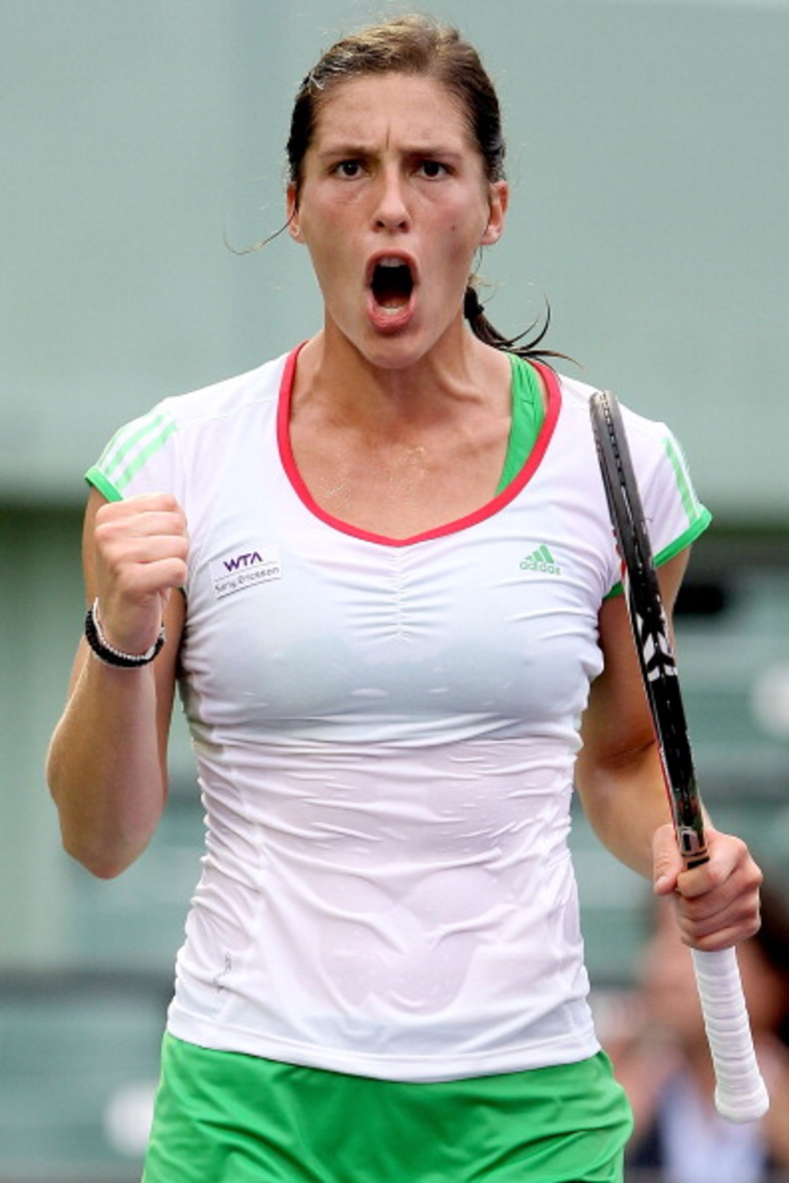 KEY BISCAYNE, FL - MARCH 29:  Andrea Petkovic of Germany celebrates a point against Jelena Jankovic of Serbia during the Sony Ericsson Open at Crandon Park Tennis Center on March 29, 2011 in Key Biscayne, Florida.  (Photo by Matthew Stockman/Getty Images)