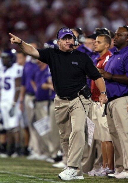NORMAN, OK - SEPTEMBER 27:  Head coach Gary Patterson of the TCU Horned Frogs during play against the Oklahoma Sooners at Oklahoma Memorial Stadium on September 27, 2008 in Norman, Oklahoma.  The Sooners defeated the Horned Frogs 35-10.  (Photo by Ronald 