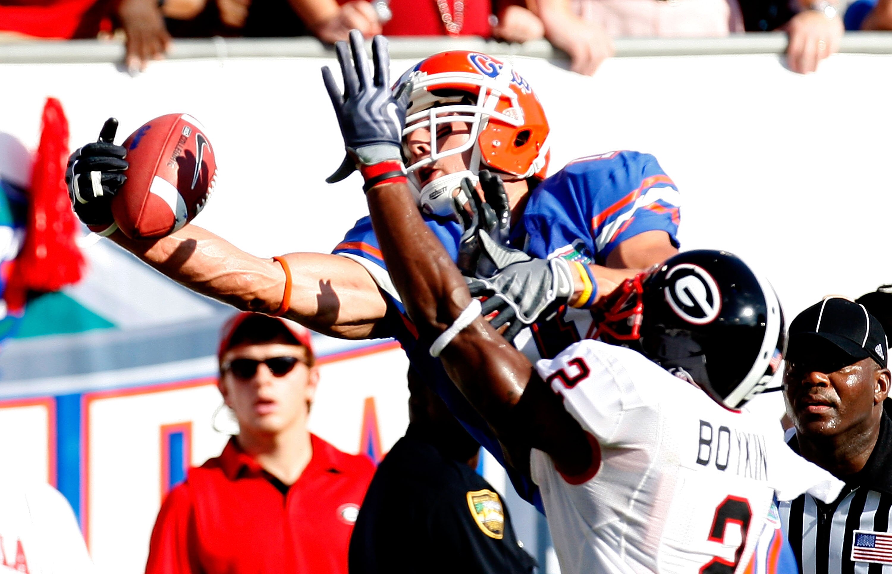 JACKSONVILLE, FL - OCTOBER 31:  Riley Cooper #11 of the Florida Gators pulls in a touchdown reception against Brandon Boykin #2 of the Georgia Bulldogs at Jacksonville Municipal Stadium on October 31, 2009 in Jacksonville, Florida.  (Photo by Kevin C. Cox