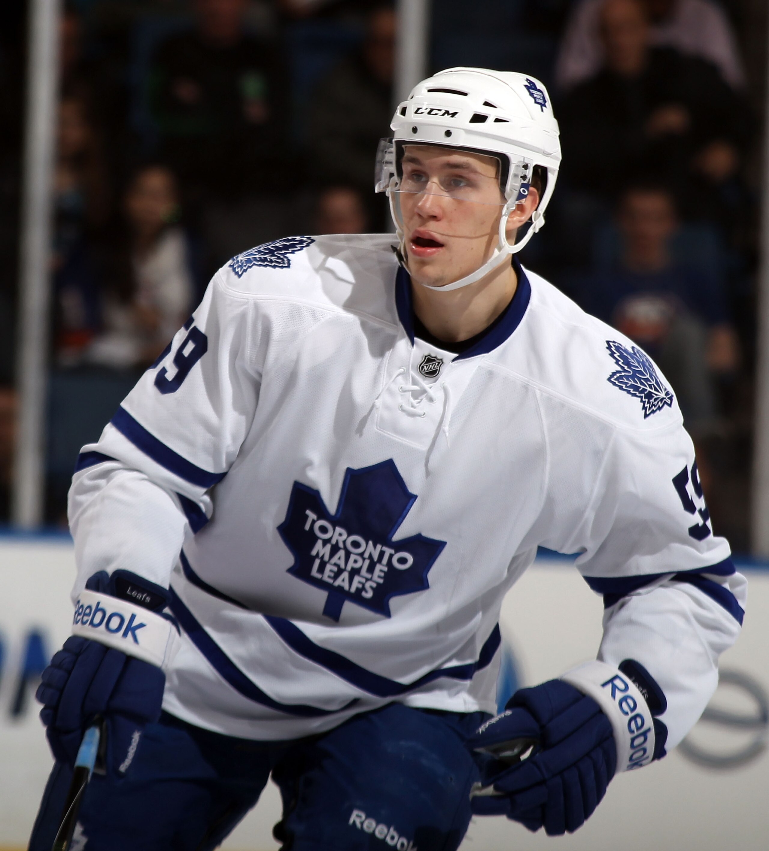 UNIONDALE, NY - MARCH 08: Keith Aulie #59 of the Toronto Maple Leafs skates against the New York Islanders at the Nassau Coliseum on March 8, 2011 in Uniondale, New York. The Islanders defeated the Leafs 4-3 in overtime. (Photo by Bruce Bennett/Getty Im UNIONDALE, NY - MARCH 08: Keith Aulie #59 of the Toronto Maple Leafs skates against the New York Islanders at the Nassau Coliseum on March 8, 2011 in Uniondale, New York. The Islanders defeated the Leafs 4-3 in overtime. (Photo by Bruce Bennett/Getty Im