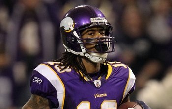 MINNEAPOLIS - JANUARY 17:  Wide receiver Sidney Rice #18 of the Minnesota Vikings looks on after scoring a touchdown against the Dallas Cowboys during the NFC Divisional Playoff Game at Hubert H. Humphrey Metrodome on January 17, 2010 in Minneapolis, Minn