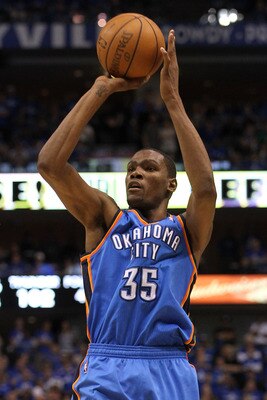 DALLAS, TX - MAY 19:  Kevin Durant #35 of the Oklahoma City Thunder shoots a jumper while taking on the Dallas Mavericks in Game Two of the Western Conference Finals during the 2011 NBA Playoffs at American Airlines Center on May 19, 2011 in Dallas, Texas