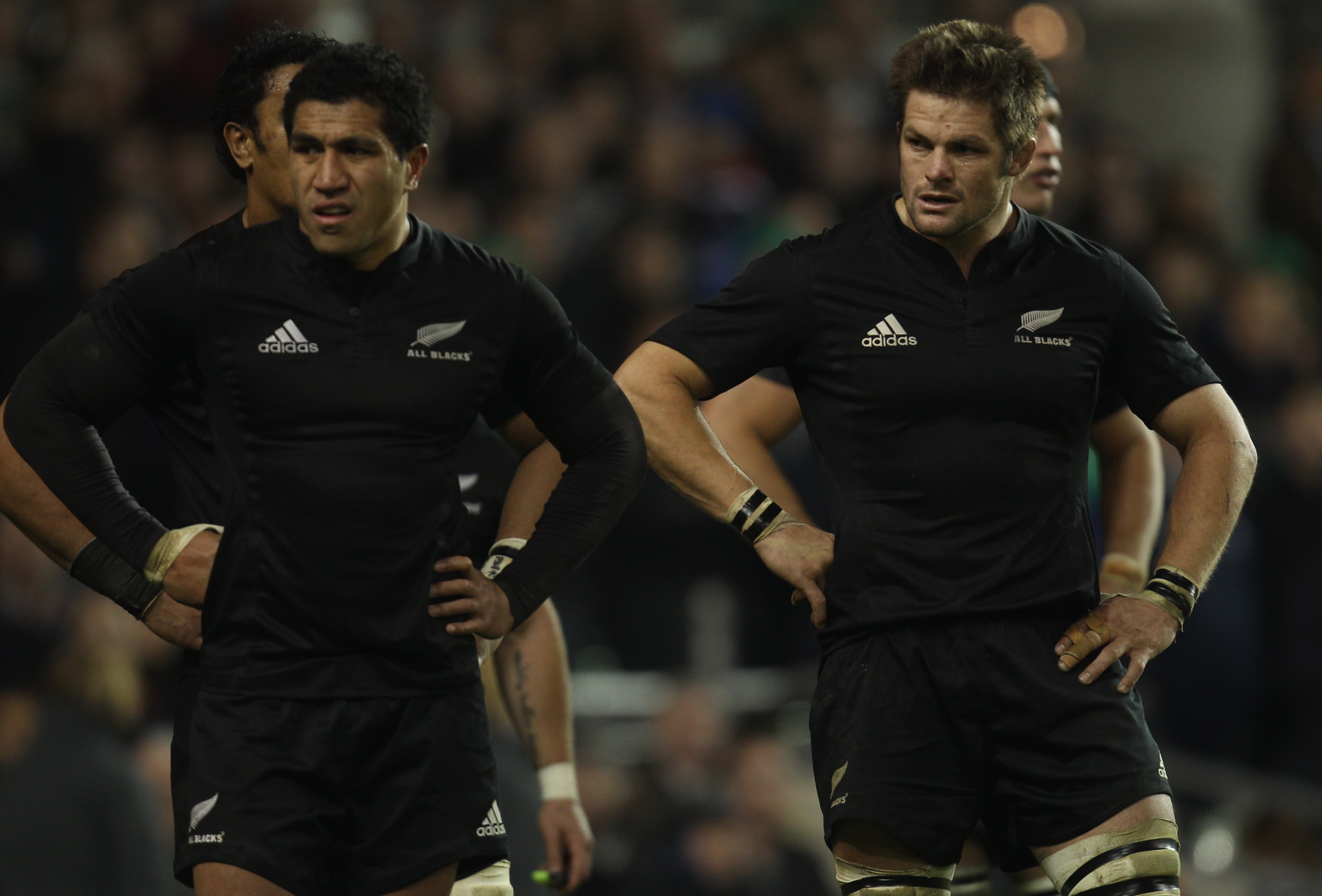 DUBLIN, IRELAND - NOVEMBER 20:  Richie McCaw (R) and Mils Muliaina (L) of the All Blacks during the Test match between Ireland and the New Zealand All Blacks at Aviva Stadium on November 20, 2010 in Dublin, Ireland.  (Photo by Phil Walter/Getty Images)