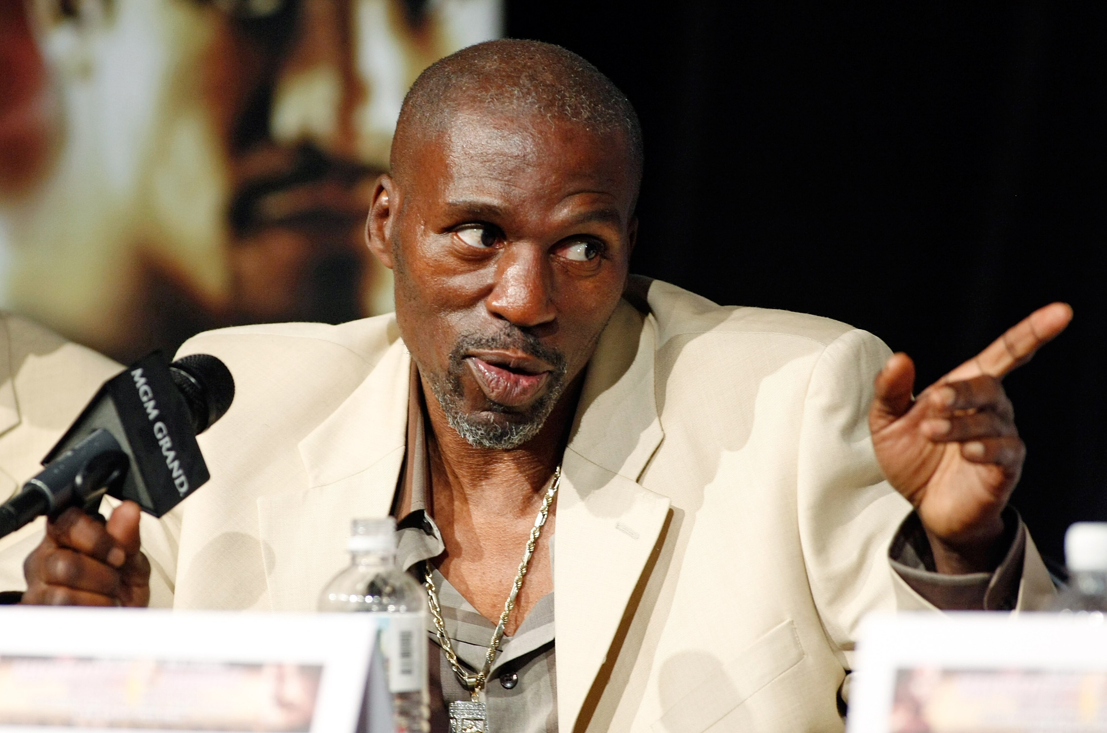LAS VEGAS - SEPTEMBER 16:  Roger Mayweather, uncle and trainer of boxer Floyd Mayweather Jr., speaks during the final news conference for their bout against Juan Manuel Marquez at the MGM Grand Hotel/Casino September 16, 2009 in Las Vegas, Nevada. Mayweat