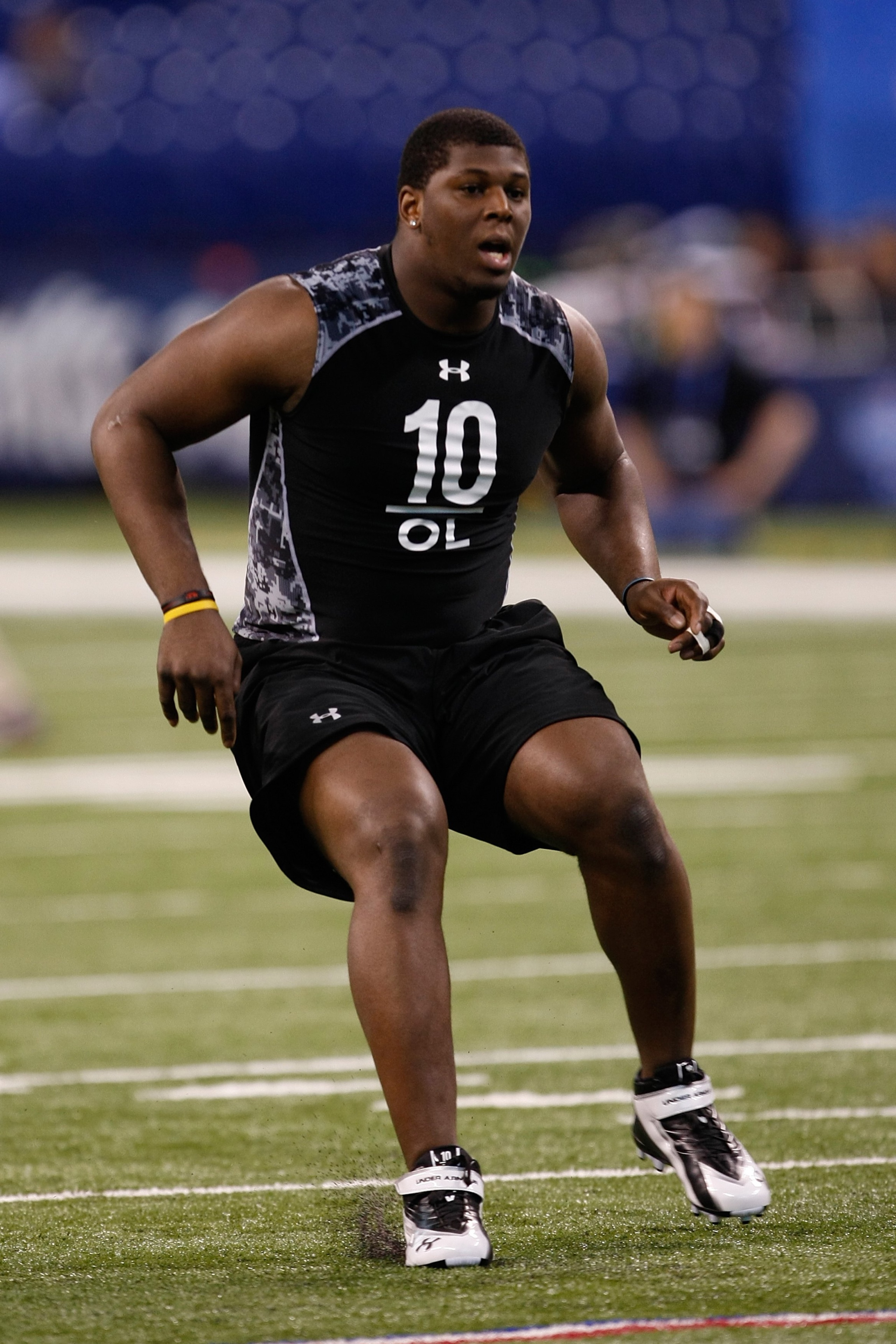 INDIANAPOLIS, IN - FEBRUARY 27: Offensive lineman Selvish Capers of West Virginia runs during the NFL Scouting Combine presented by Under Armour at Lucas Oil Stadium on February 27, 2010 in Indianapolis, Indiana. (Photo by Scott Boehm/Getty Images)