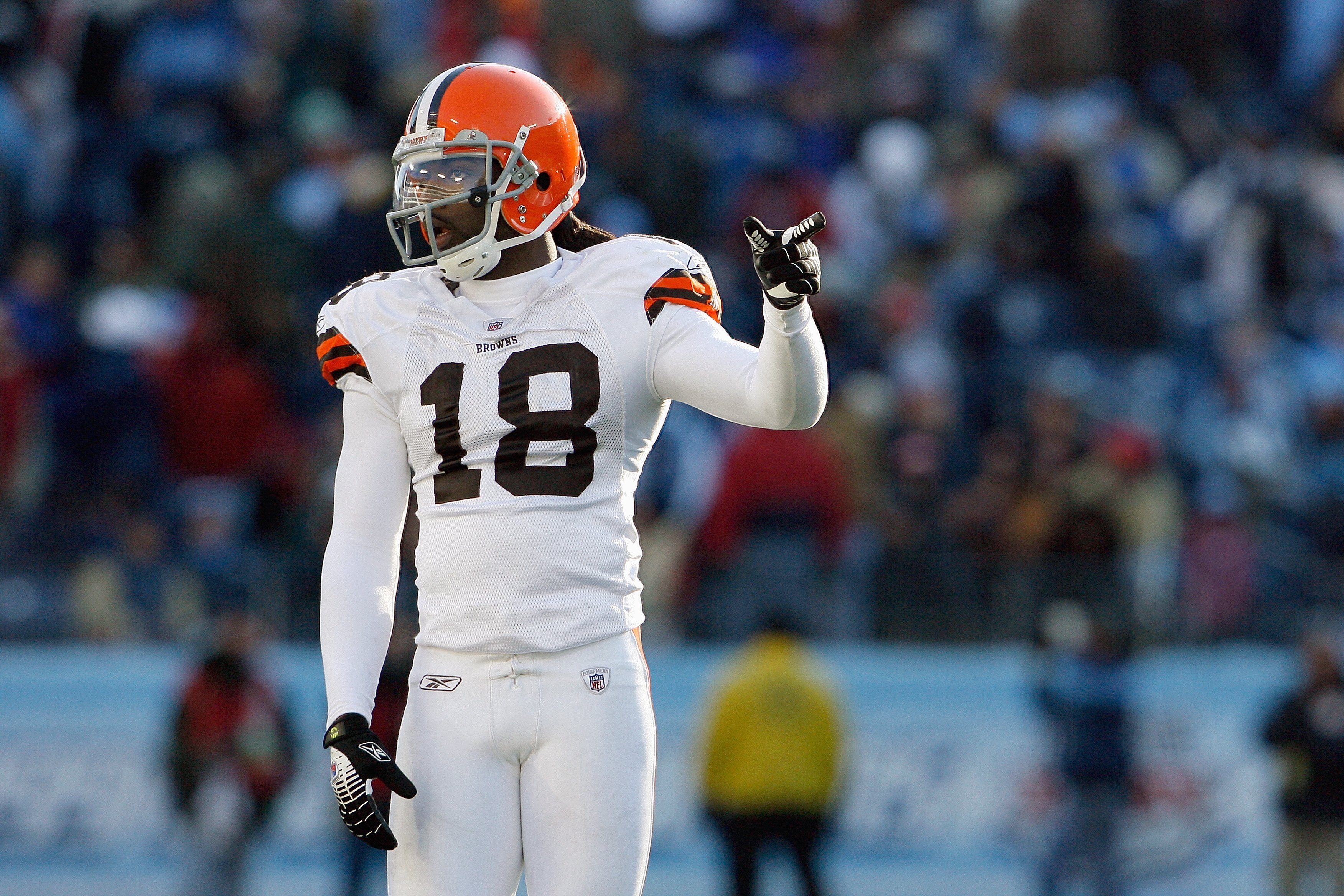 NASHVILLE, TN - DECEMBER 7:   Donte Stallworth #18 of the Cleveland Browns points on the field during the game against the Tennessee Titans on December 7, 2008 at LP Field in Nashville, Tennessee.  (Photo by Kevin C. Cox/Getty Images)