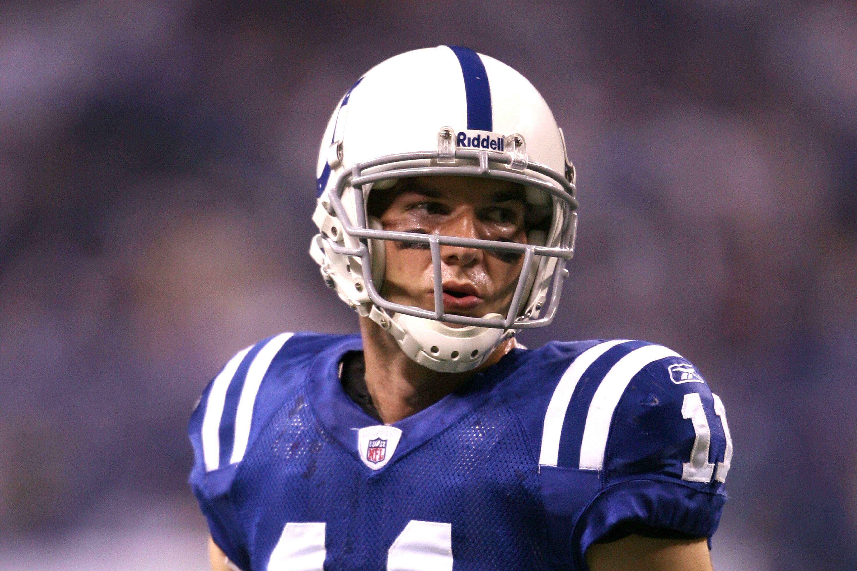 INDIANAPOLIS - NOVEMBER 02:  Anthony Gonzalez #11 of the Indianapolis Colts looks on during warm ups against the New England Patriots at Lucas Oil Stadium on November 2, 2008 in Indianapolis, Indiana.  (Photo by Andy Lyons/Getty Images)