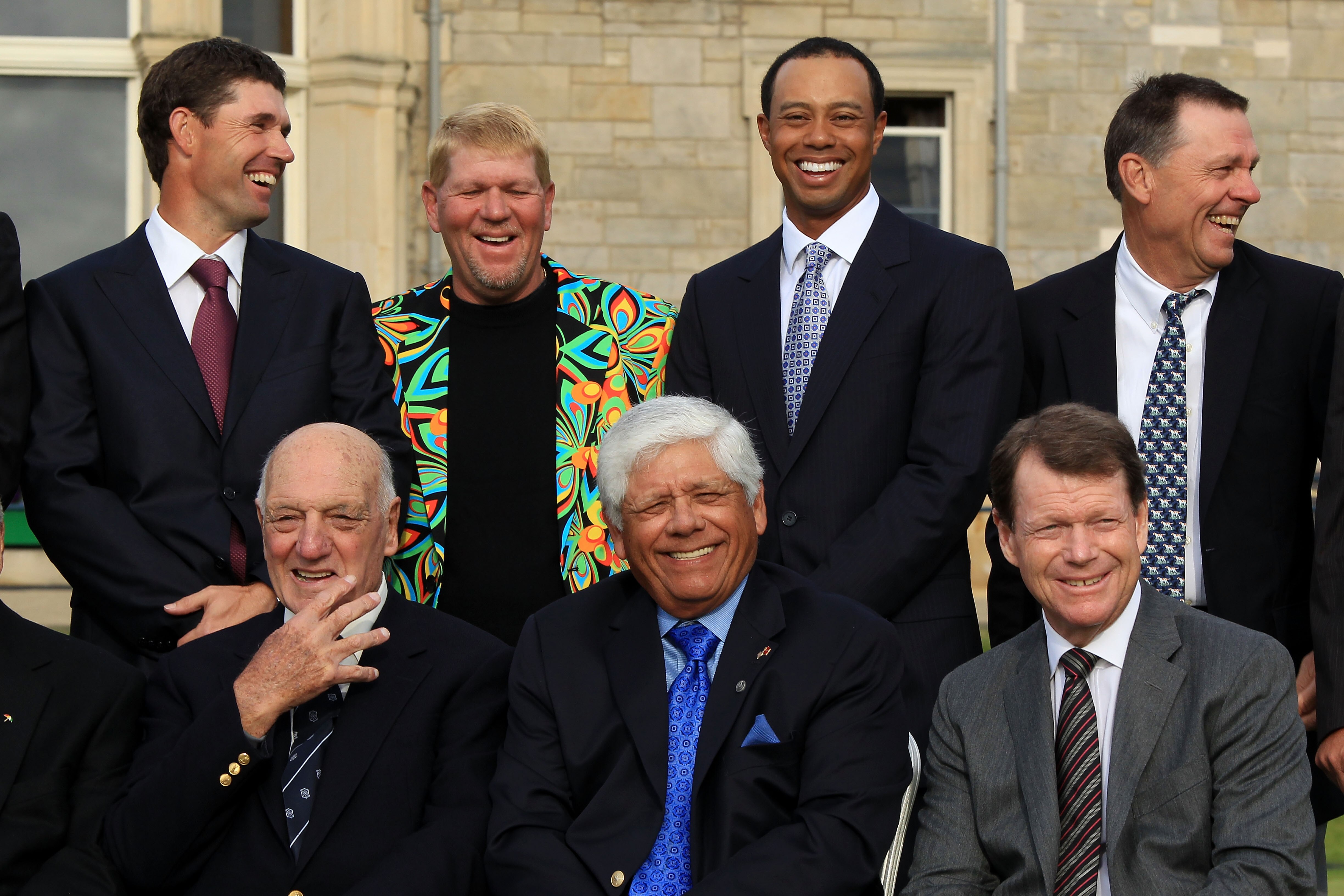 ST ANDREWS, SCOTLAND - JULY 13:  (L-R Top Row) Padraig Harrington of Ireland, John Daly of the USA, Tiger Woods of the USA, Bill Rogers of the USA, (L-R Bottom Row) Roberto De Vicenzo of Argentina and Tom Watson of the USA pose for a photo prior to the pa