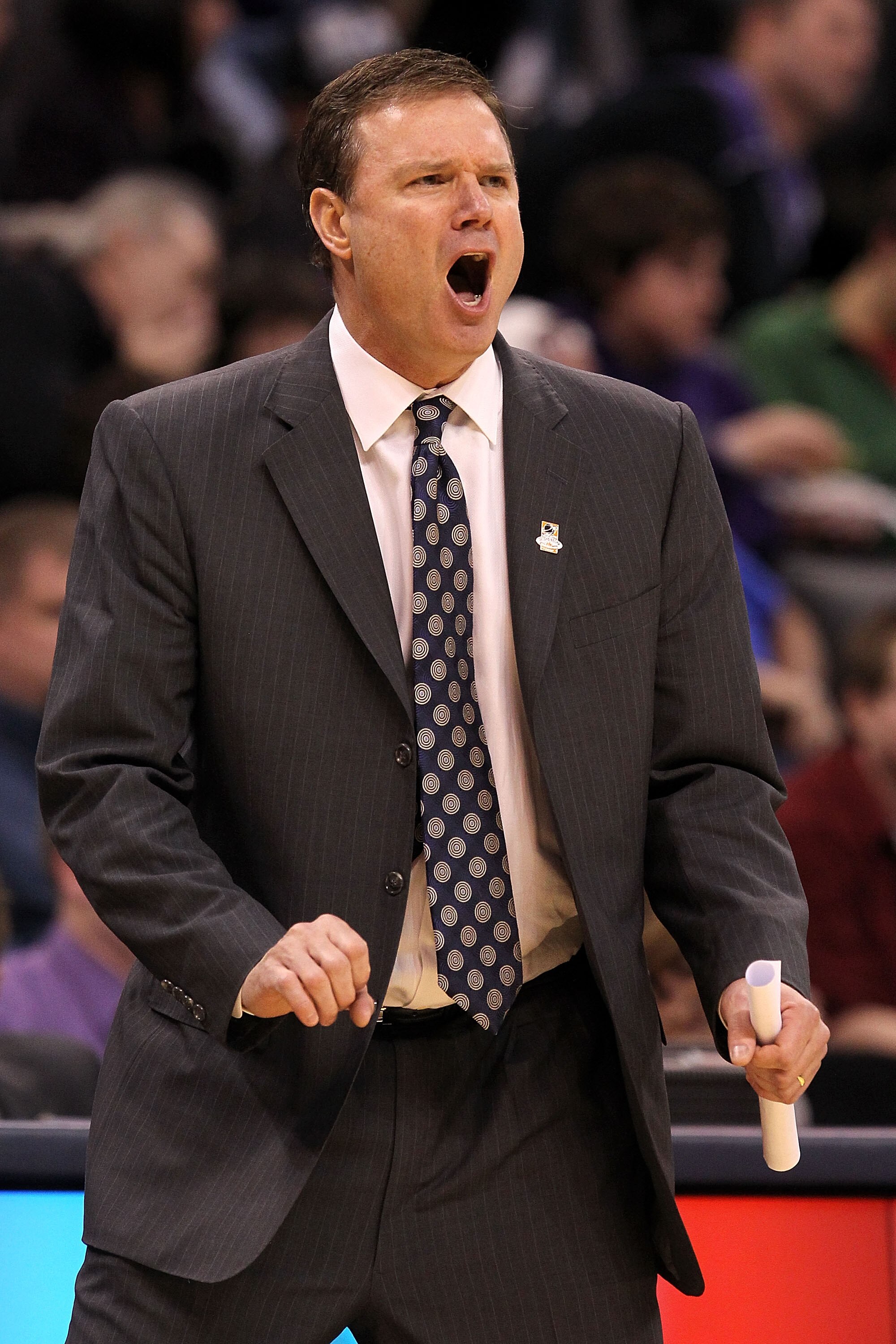 OKLAHOMA CITY - MARCH 20:  Head coach Bill Self of the Kansas Jayhawks reacts against the Northern Iowa Panthers during the second round of the 2010 NCAA men's basketball tournament at Ford Center on March 20, 2010 in Oklahoma City, Oklahoma.  (Photo by R
