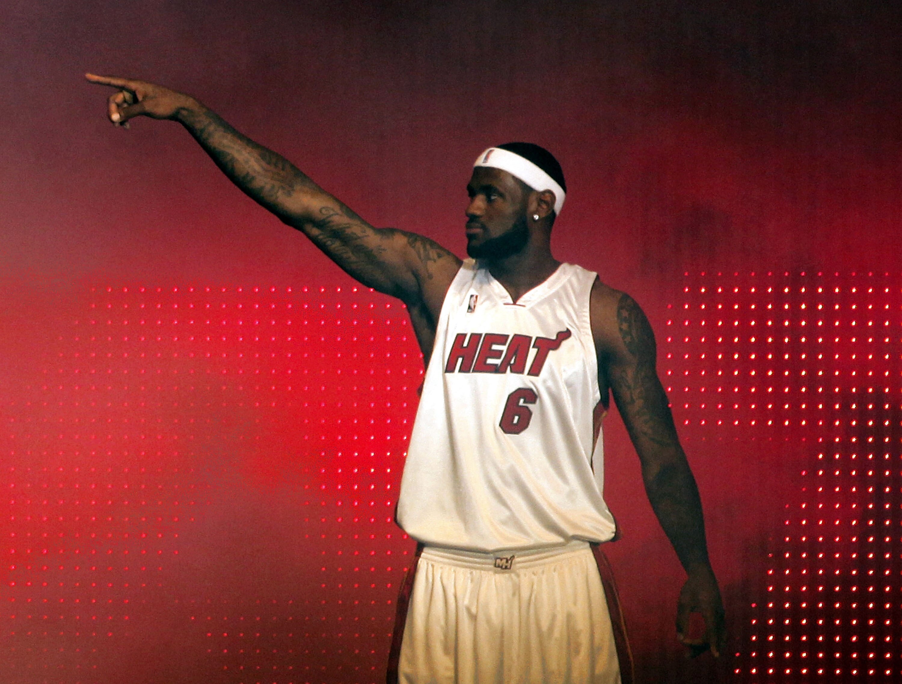 MIAMI - JULY 09:  LeBron James #6 of the Miami Heat is introduced during a welcome party at American Airlines Arena on July 9, 2010 in Miami, Florida.  (Photo by Marc Serota/Getty Images)